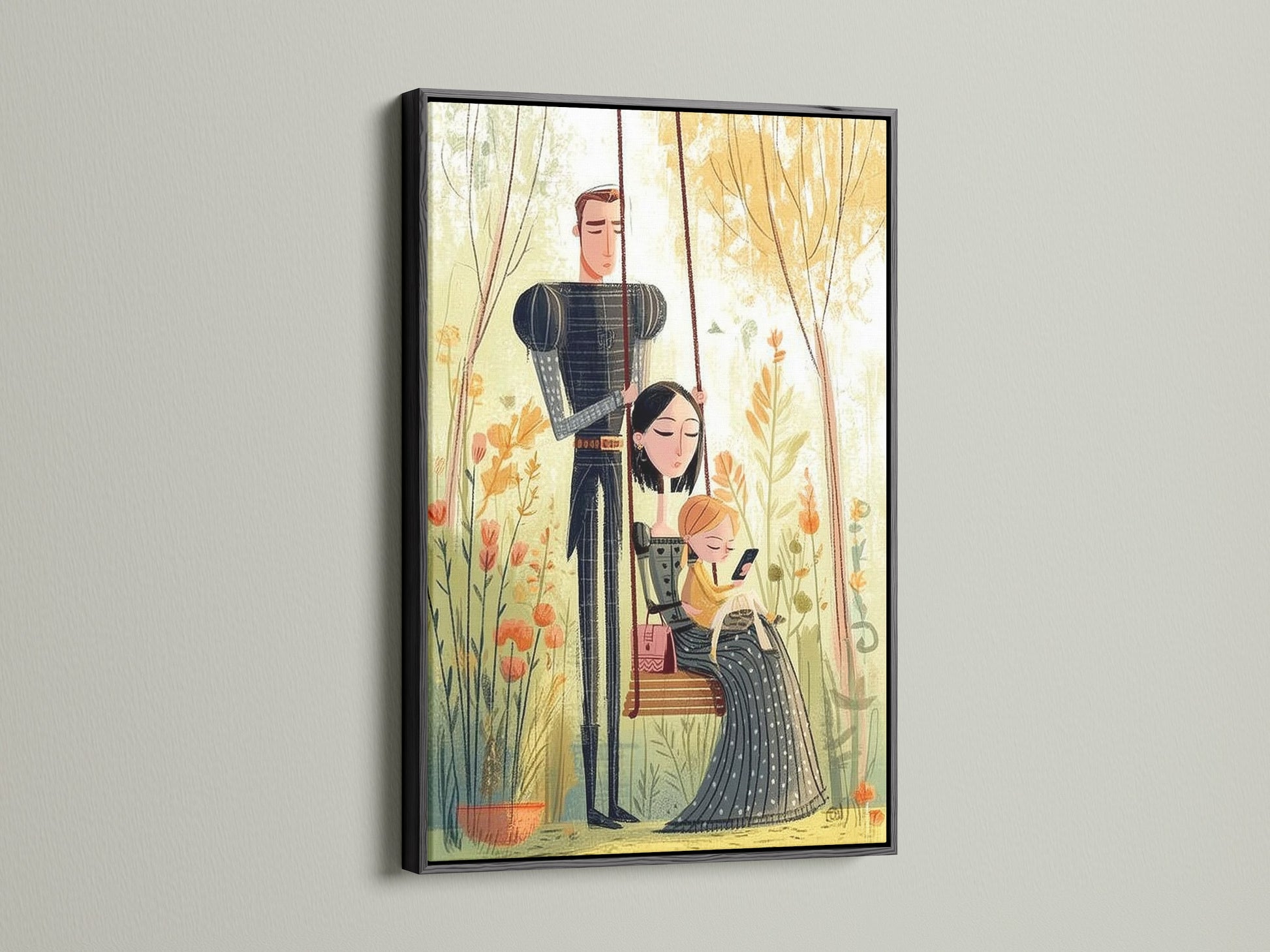 Family portrait wall art is presented in a sleek black frame. This frame adds a touch of sophistication to the artwork. It's a great choice for modern minimalist homes. The black frame provides a bold statement.