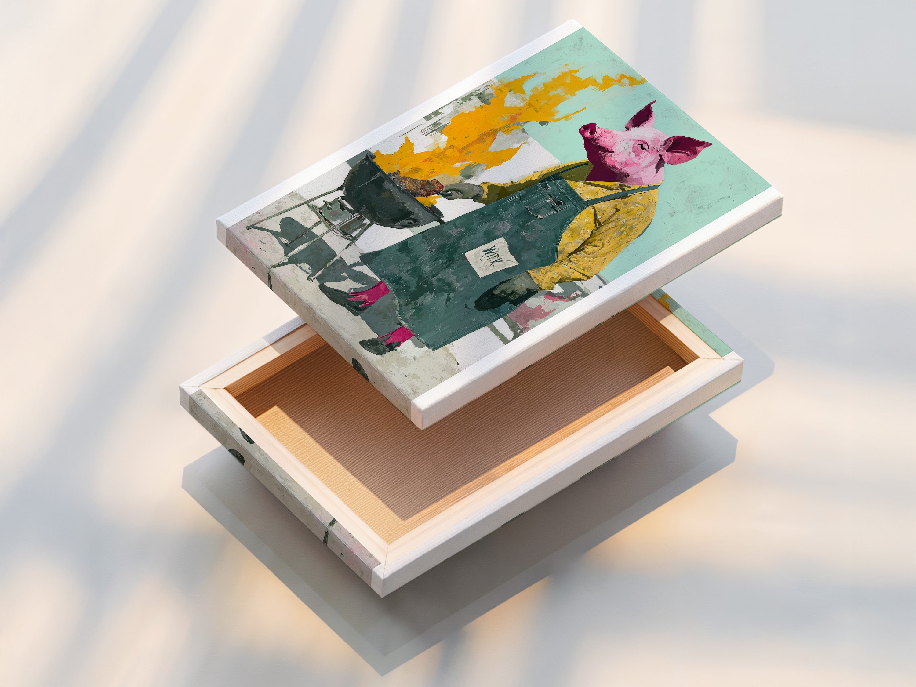 This is a stretched canvas print of the Pig Chef. The artwork is ready to hang and enjoy. The canvas texture adds depth and visual interest. It's a great way to bring unique art to your home or restaurant.