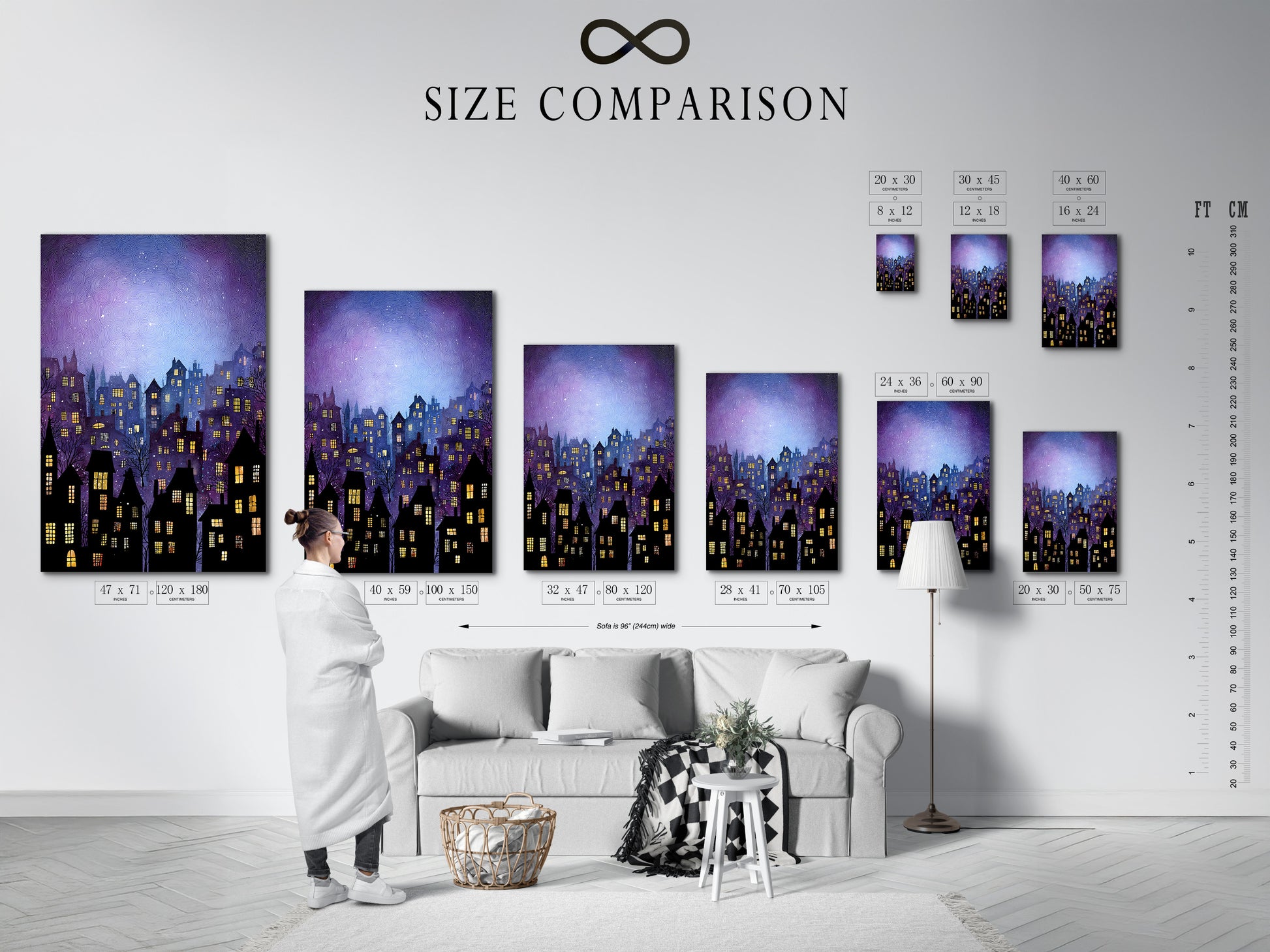 This is a size comparison chart displayed in an interior setting. It helps you visualize the different sizes of artwork. You can see how each size will look in your space. The chart includes various options for stretched canvas prints. It also shows fine art poster paper and framed art. This helps you make the best choice.