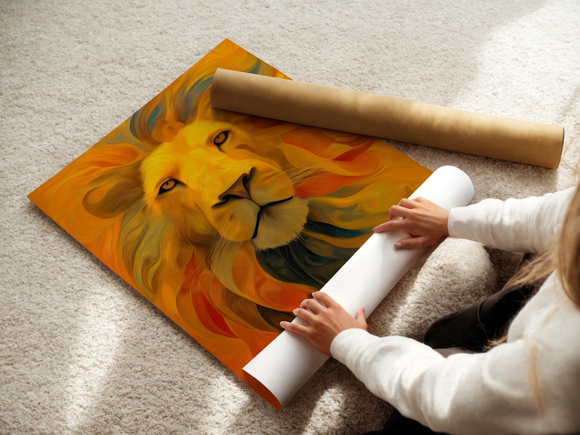 A woman carefully rolls a fine art poster paper. This highlights the care and quality of the art materials. High-quality poster paper ensures vibrant and lasting prints. Discover the beauty of fine art posters. Bring museum-quality art into your home.