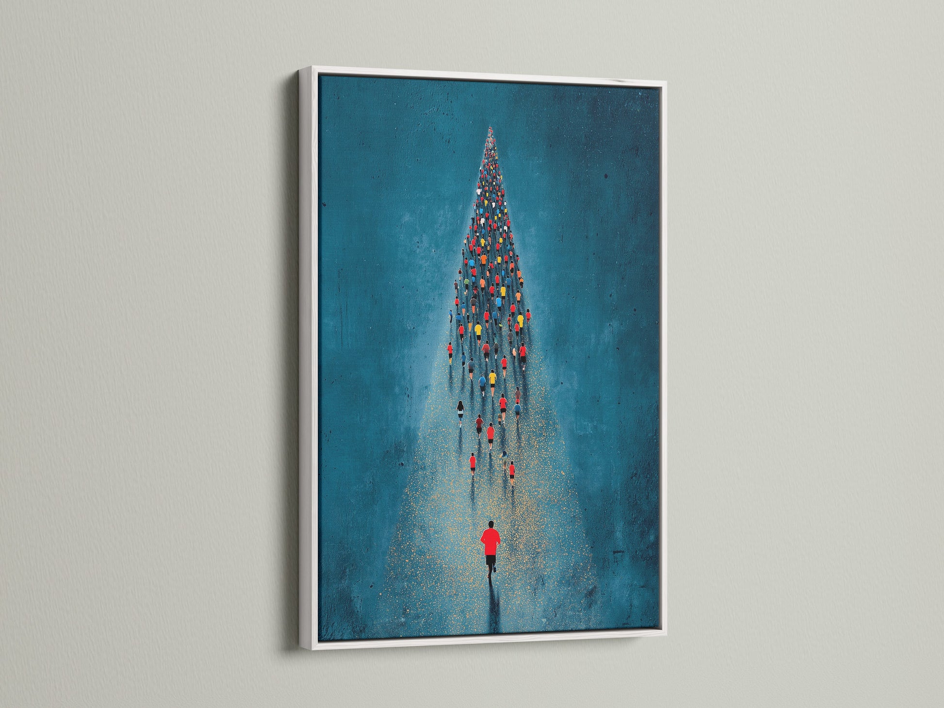 The aerial swimmers artwork is presented in a crisp white frame. This swimming wall art brings a refreshing ocean vibe to your decor. The white frame accentuates the teal and blue hues. The artwork is suited for contemporary and minimalist styles. It's a great addition to any home office or sports clinic.