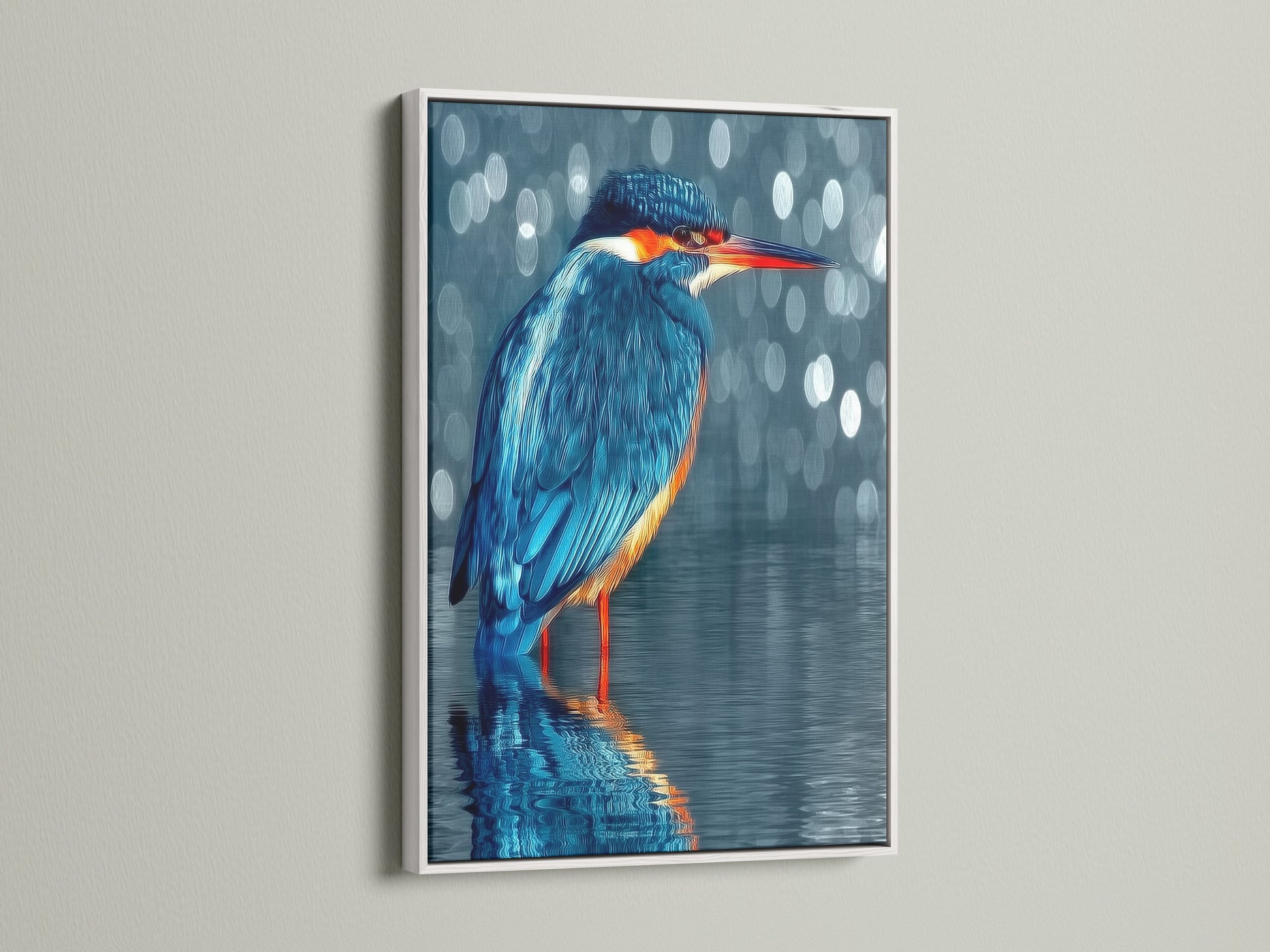 A white frame highlights the kingfisher artwork. The teal bird wall art complements modern decor. This photography print brings nature indoors. A perfect piece for Scandinavian or minimalist styles