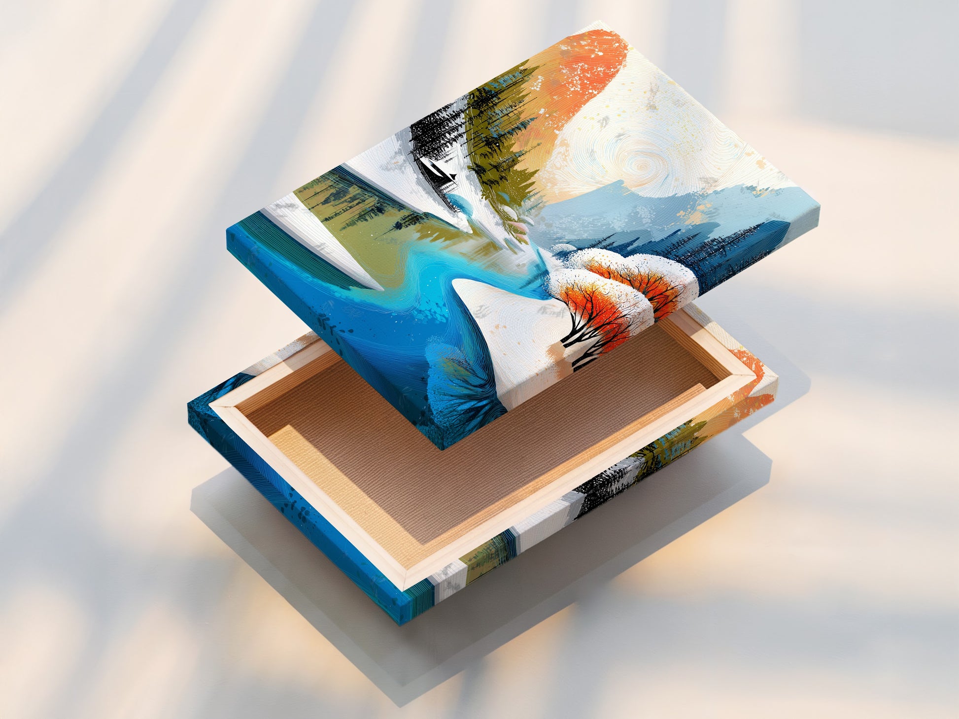 This is a stretched canvas print of a winter mountain river scene. The teal and orange landscape artwork adds a touch of nature to your home. The stretched canvas is ready to hang. Perfect for living rooms bedrooms and offices. Discover the beauty and convenience of our canvas prints.