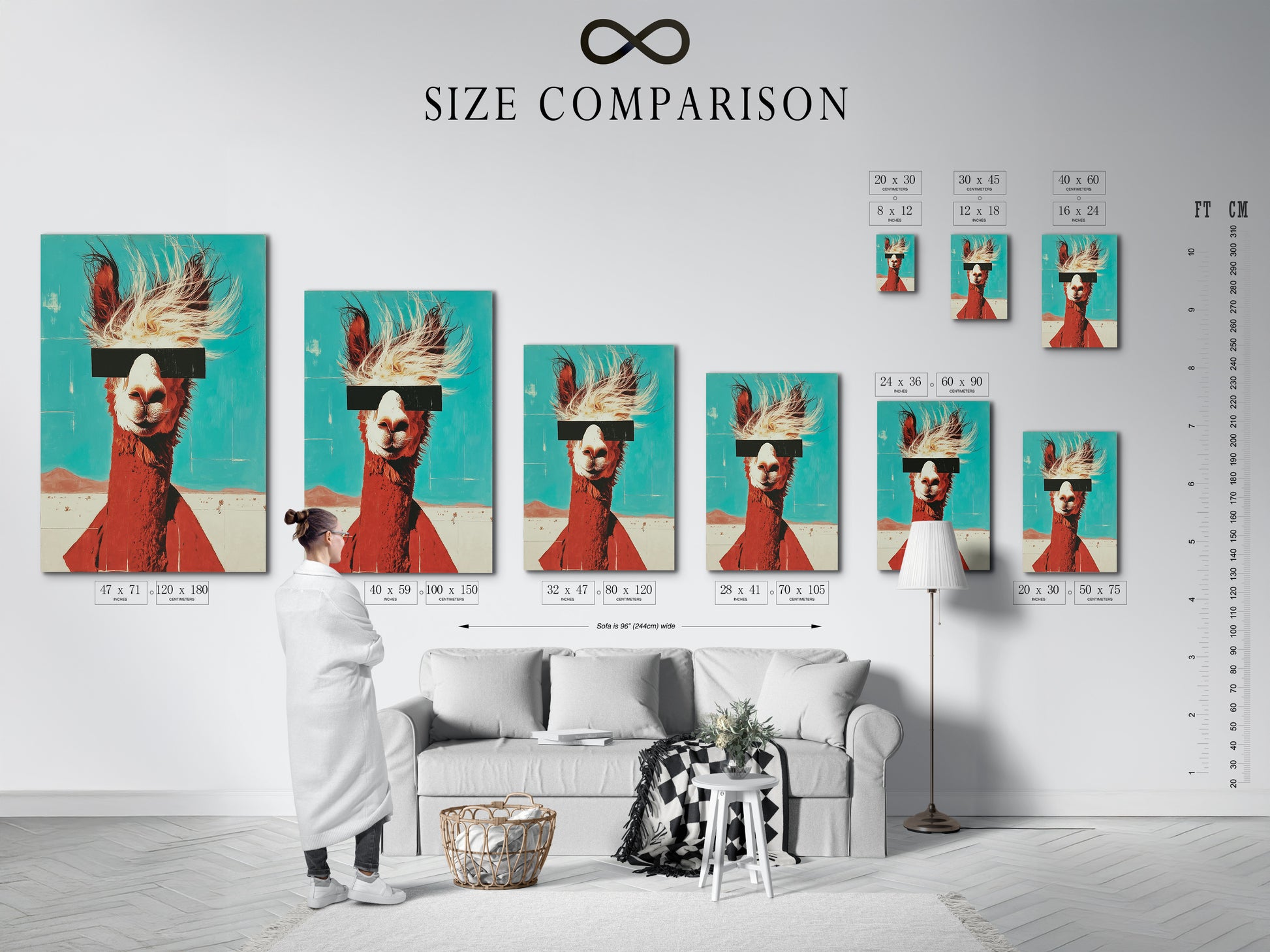 A size comparison chart is displayed in an interior setting. It shows the different sizes available for the llama canvas print. The chart helps visualize the artwork in your space. Retro teal and orange artwork.