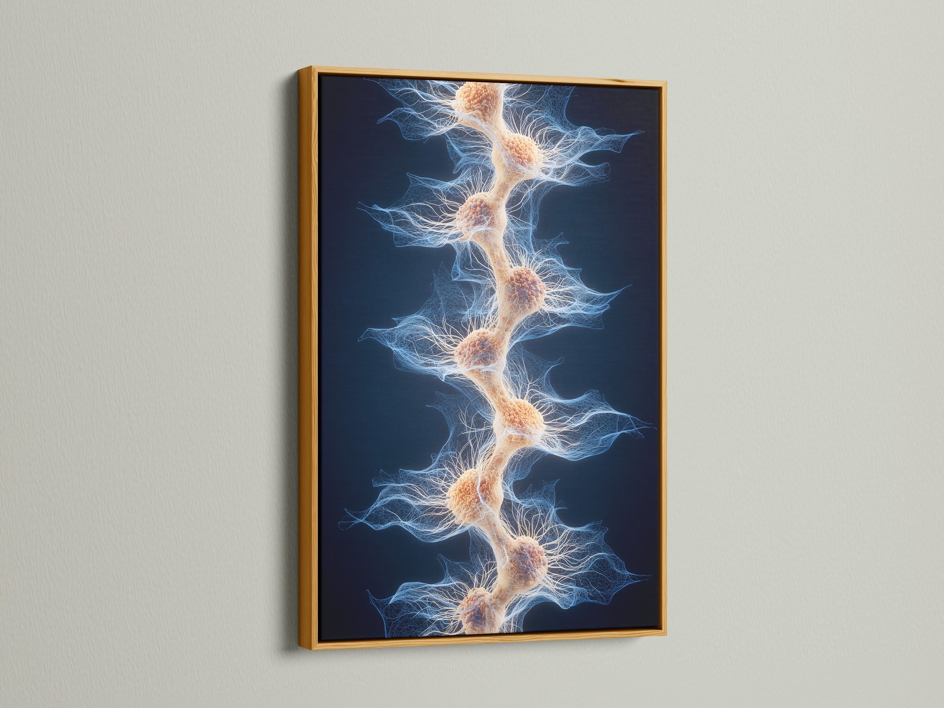 The artwork is displayed in a floating gold frame. The gold frame gives the artwork a luxurious look. The art piece is displayed against a white wall. The frame is a great choice for any room. Get yours today and display your art.