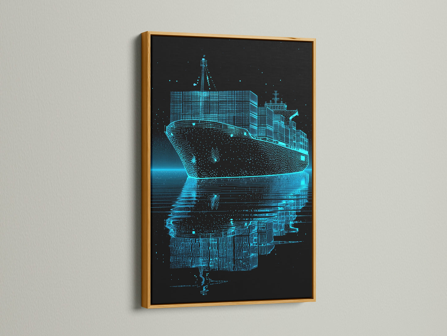 Artwork featuring a container ship with a captivating light blue line art effect. The artwork is elegantly displayed in a gold frame. The gold frame adds a touch of luxury and sophistication. It enhances the artwork's overall presentation with a touch of opulence.