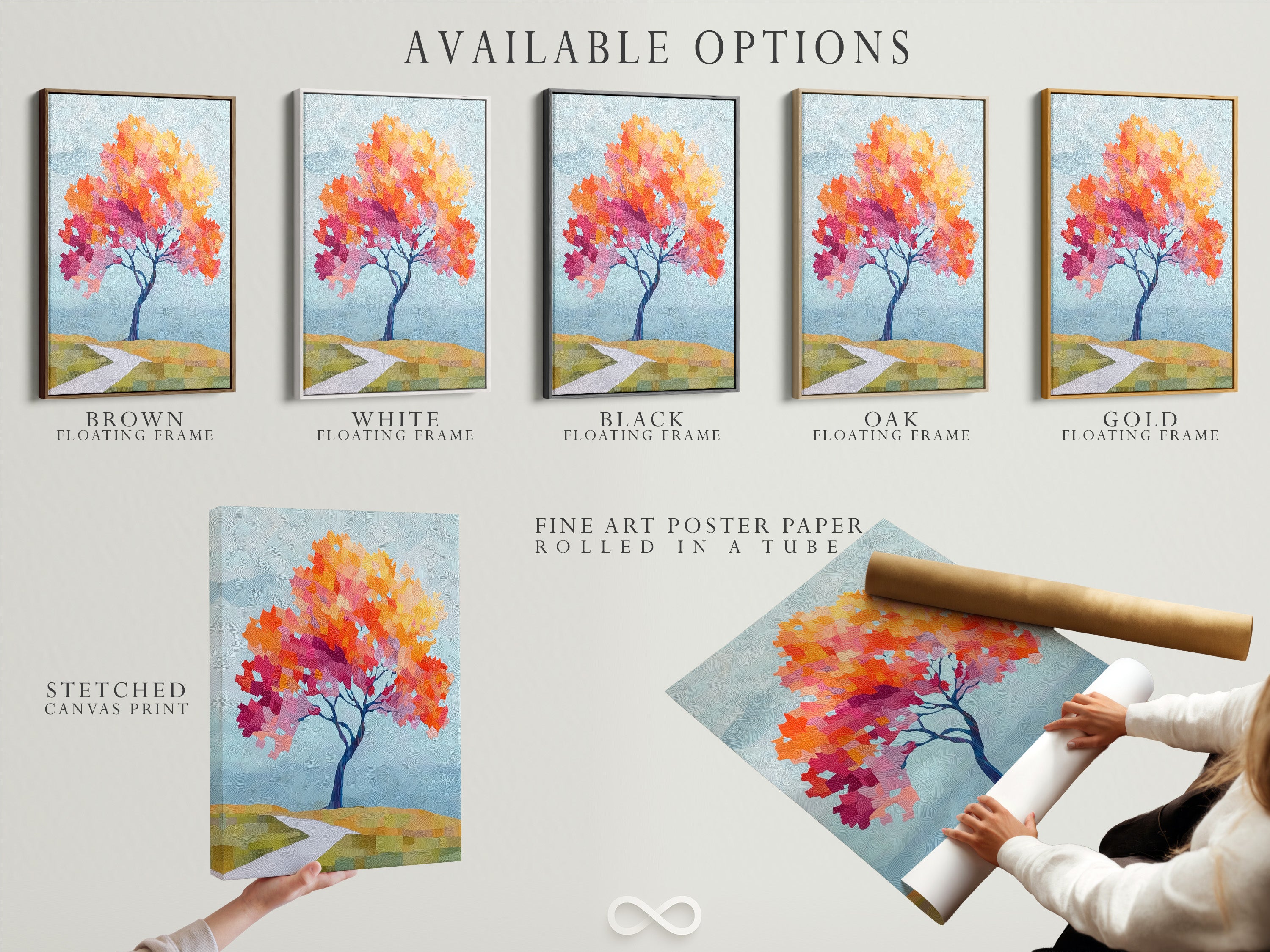 Available options for the Autumn Tree artwork include stretched canvas print. Fine art poster paper is also available. Choose a floating frame to enhance your art. Select the perfect option for your home decor. It suits nature-themed styles.