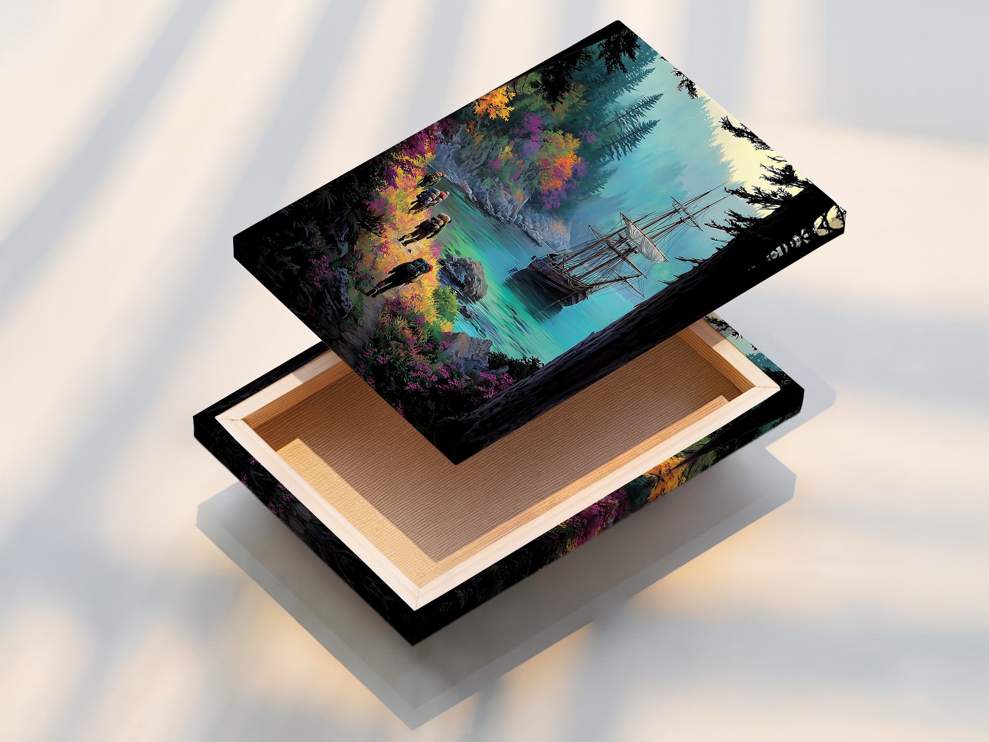 A stretched canvas print of a sailing ship. This coastal hiking wall art is ready to hang. Perfect for living room wall art. The seascape canvas brings the beauty of the sea to your home. Enjoy this nautical artwork.