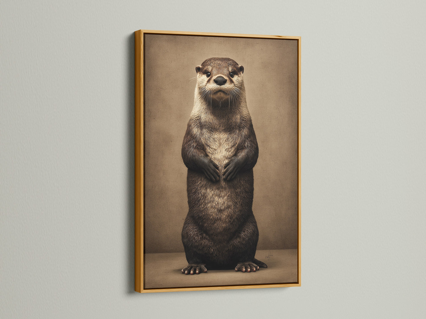 Gold frame displaying an otter art print. This animal art print is a cute wildlife canvas. It is perfect for nursery wall decor and bathroom wall art. The otter artwork adds charm to any room. A great gift for animal lovers. This whimsical art complements contemporary and Scandinavian styles