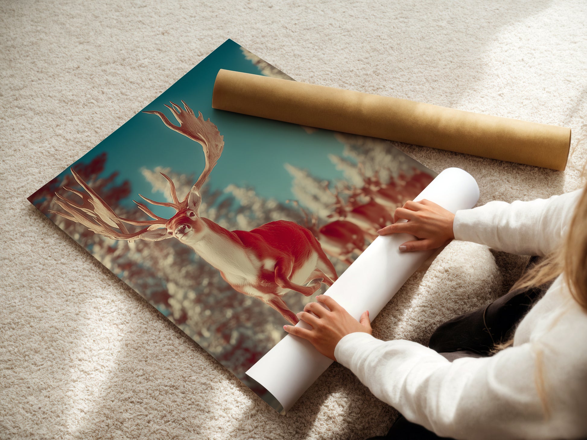 A woman is carefully rolling a fine art poster paper featuring the Winter Deer artwork. This poster paper is perfect for creating high-quality prints of your favorite Nordic style wall art. It's a great option for those who prefer a more affordable artwork solution.