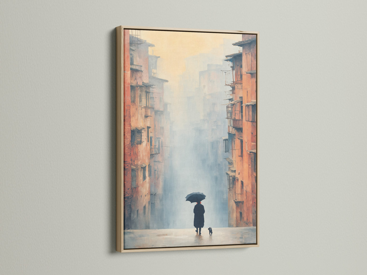Misty Cityscape canvas print displayed in an oak frame. This urban landscape art adds a sophisticated touch to any space. Perfect for living rooms hallways or coffee shops. Its impressionist style enhances contemporary decor.