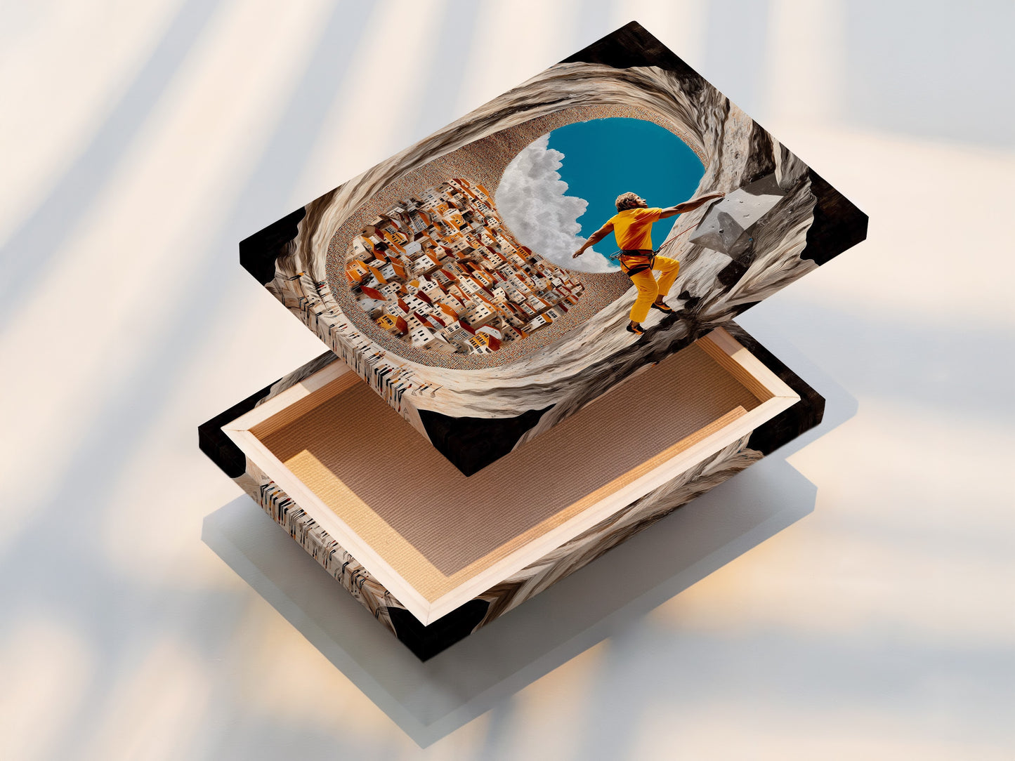 Stretched canvas print of rock climbing art. Ready to hang and enjoy. Sports canvas print for a modern look. Mediterranean art adds a touch of culture. Perfect for office wall art or home decor. Easy to display and admire.