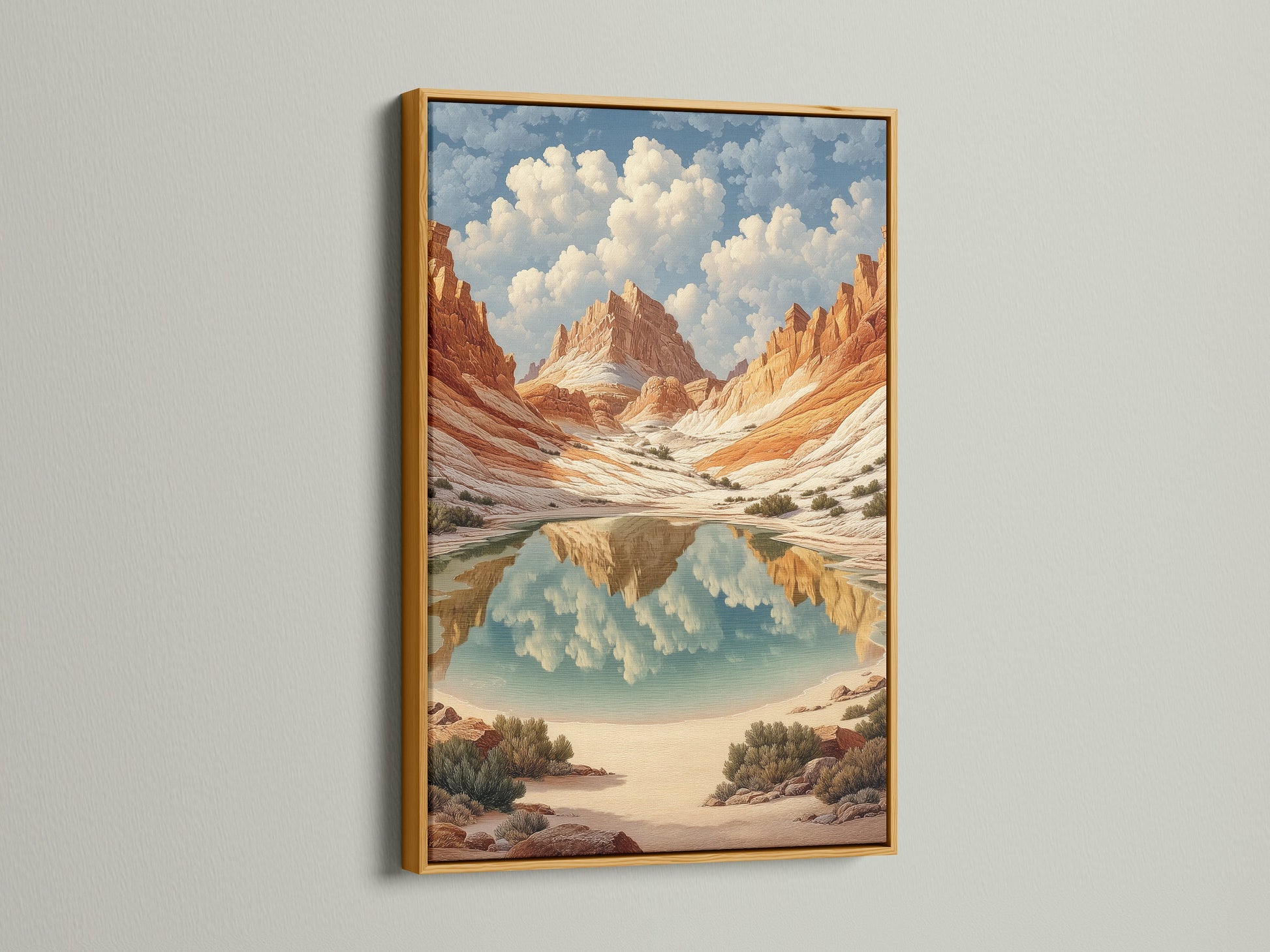 Add a touch of elegance with this desert canyon artwork in a gold frame. This southwest decor piece showcases a stunning landscape print featuring terracotta mountains. Perfect for enhancing bedroom decor with its nature-inspired beauty. The frame adds a luxurious touch to any interior.