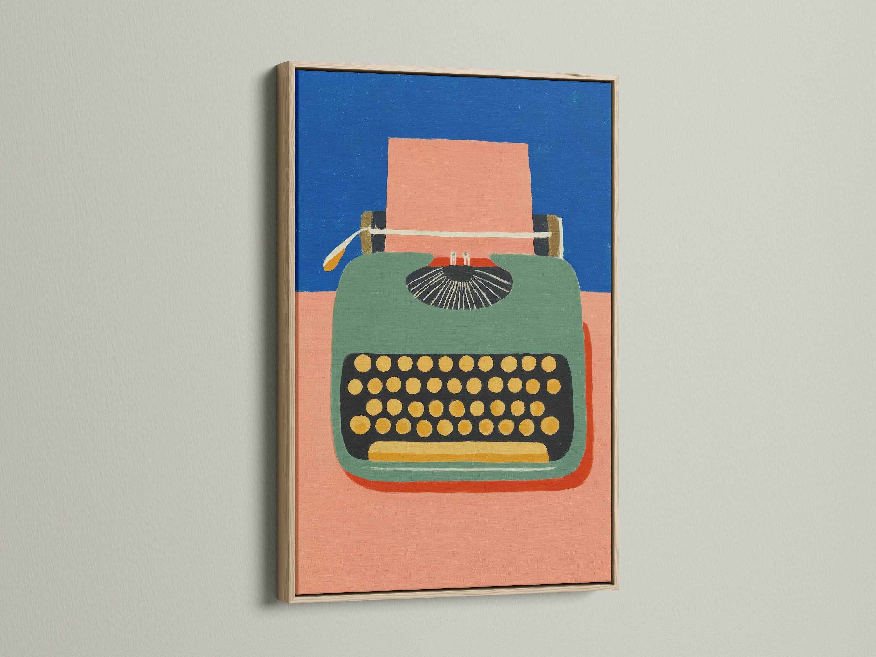 A close-up of our typewriter art piece displayed in an oak frame. The oak frame enhances the vintage style artwork. This retro office decor brings a touch of nostalgia. Perfect for a study room print or a writer's gift. The primary color is green.