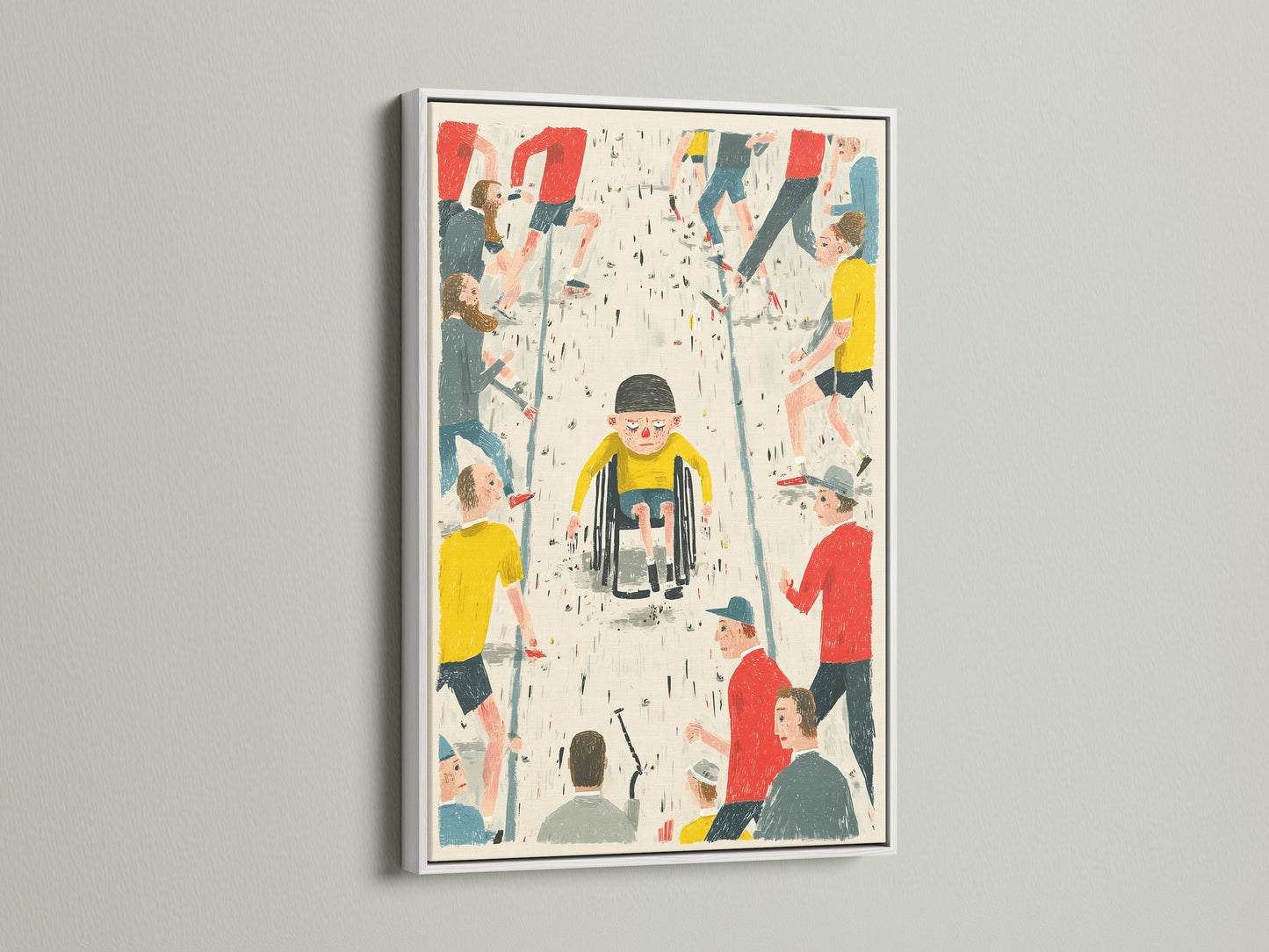 A white frame beautifully displays a modern folk art print. The art shows a child in a wheelchair surrounded by other people. It is a symbol of inclusivity and human rights. This colorful wall art is ideal for social justice advocates and community organizers.