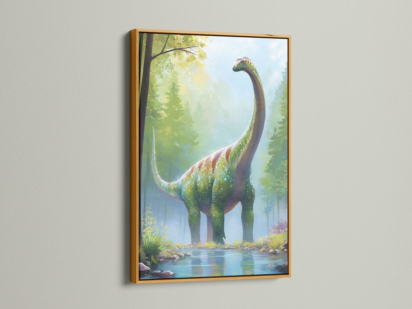 Artwork showcasing a dinosaur is beautifully framed in gold. A gold frame adds a touch of luxury and elegance. This frame enhances the artwork's richness. Explore our gold-framed art selection today