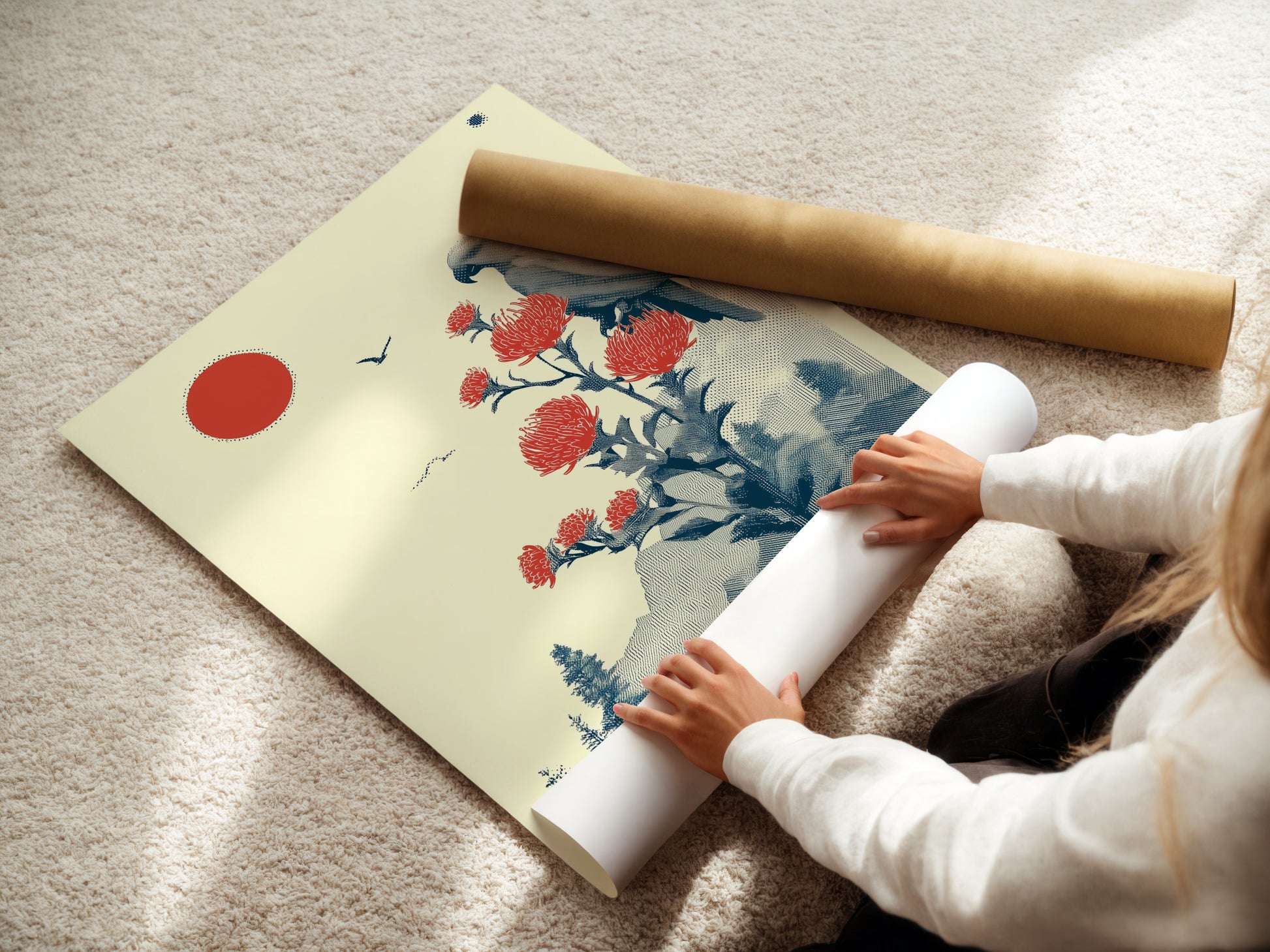 A woman carefully rolling a fine art poster paper. Ensuring the Japanese bird artwork arrives in perfect condition. High-quality materials for stunning vintage botanical art prints.