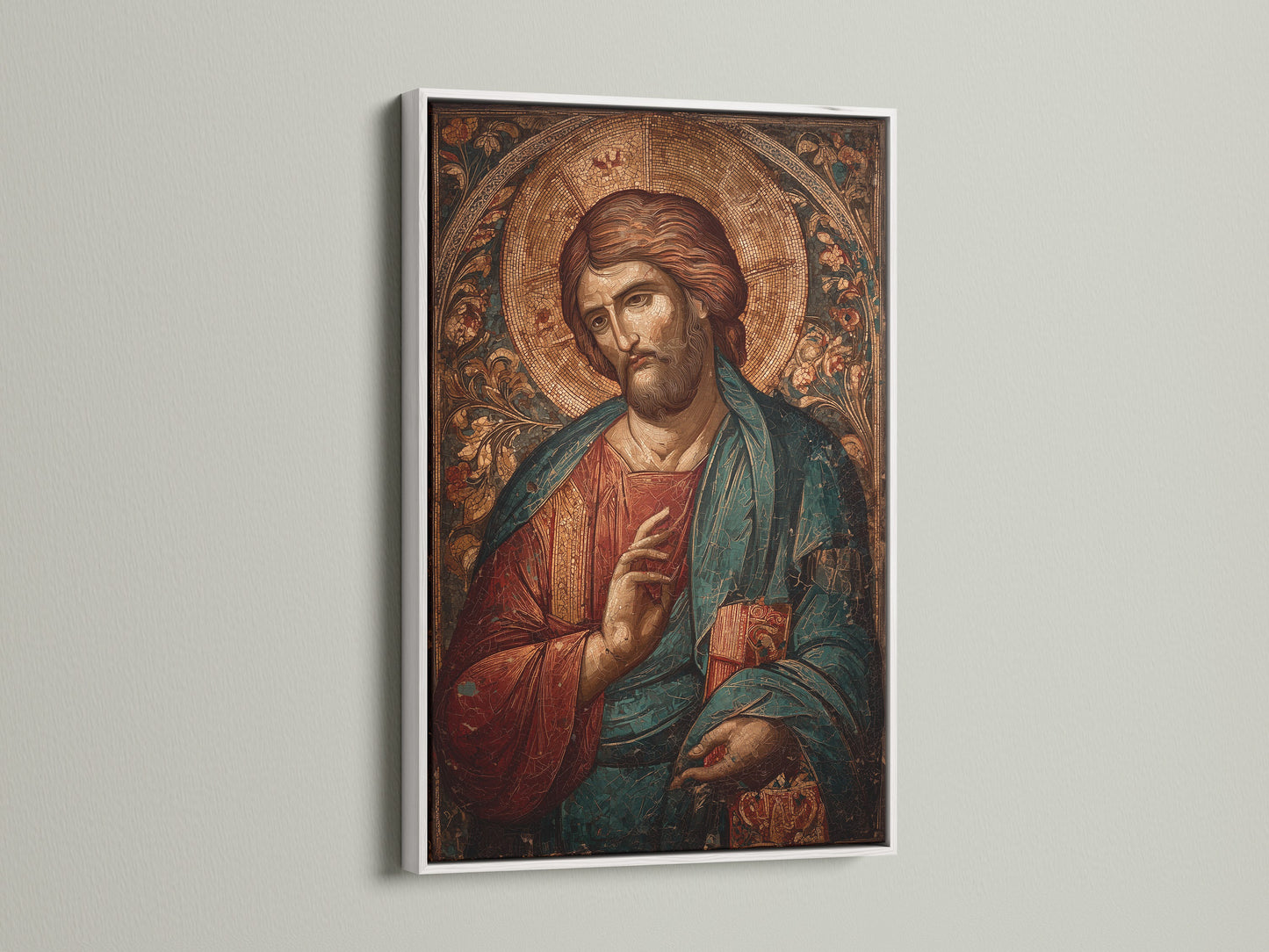 A religious art print is displayed in a clean white frame. The bright white frame offers a modern look. It makes the colors in the artwork pop. A versatile choice for any room. It will brighten up your space.