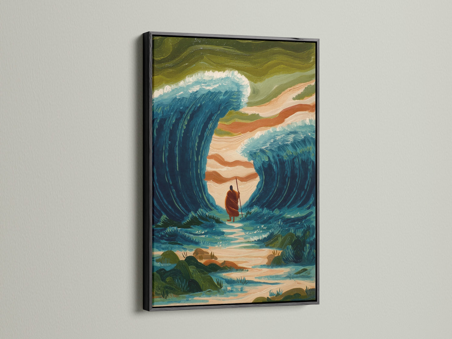 Artwork with a sleek black frame. The dark frame creates a sophisticated contrast. It draws the eye to the artwork's details. A timeless option for any room. Black frames enhance the depth and richness of the art.