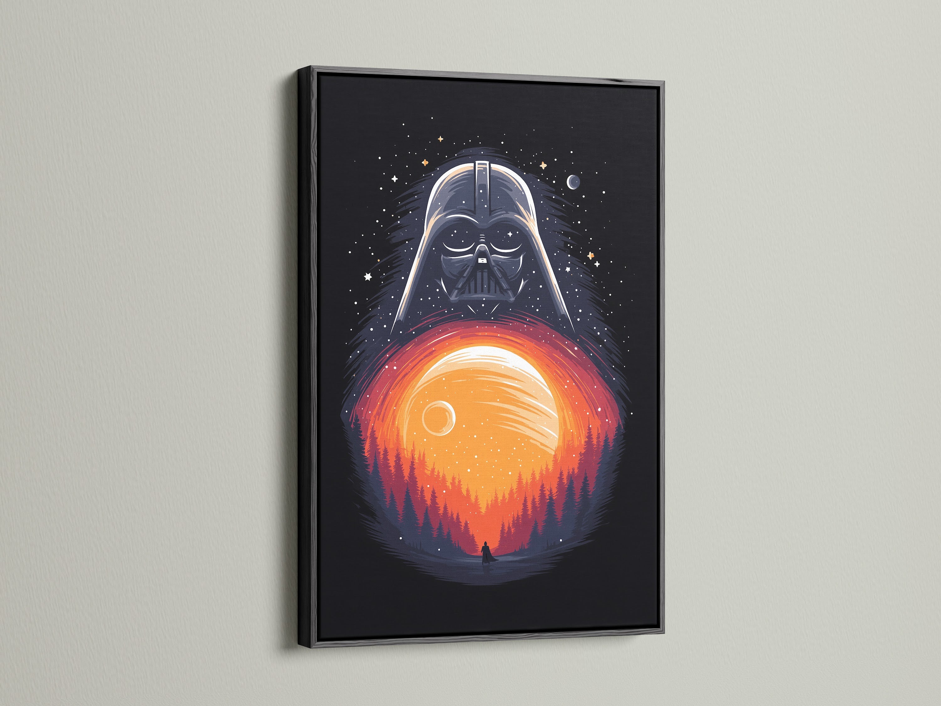 The image presents Darth Vader sunset art in a black frame. This art creates a bold statement. It's perfect for sci-fi enthusiasts. Add a dramatic touch to your man cave with this pop culture art.