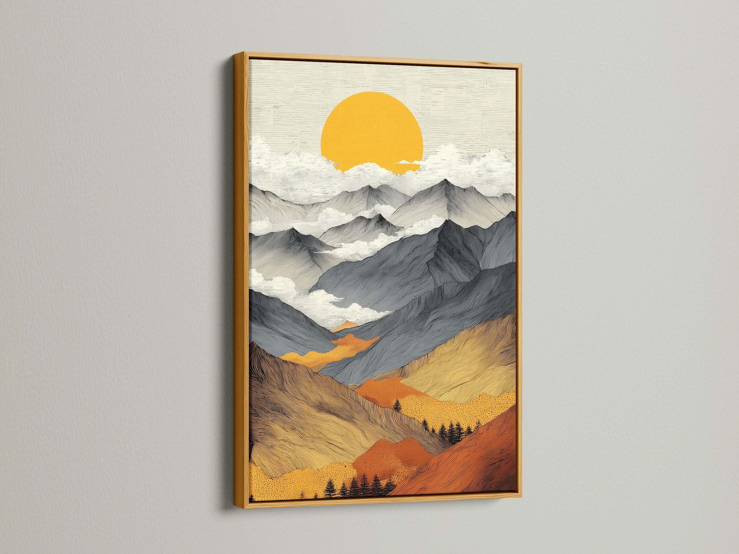 The mountain sunrise canvas artwork is elegantly framed in gold. This abstract landscape art radiates warmth. The golden sun poster enhances a luxurious aesthetic. A gold frame adds a touch of opulence to the artwork. Perfect for living room wall art with a contemporary style. Discover the beauty of mountain decor.