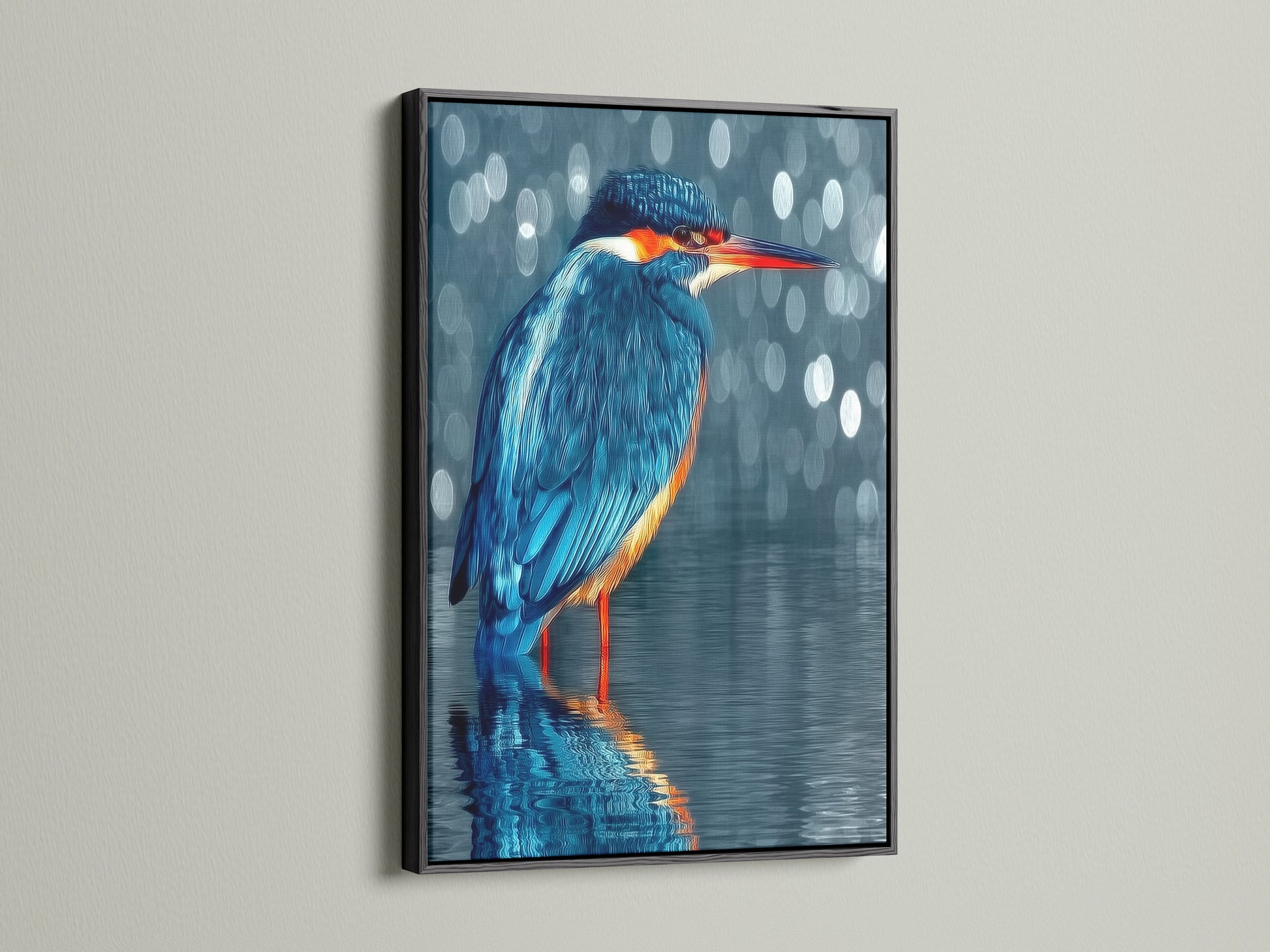 The black frame accentuates the kingfisher artwork. The modern wildlife photography is striking. The bird canvas is ideal for office wall decor. The animal photography is a sophisticated choice.