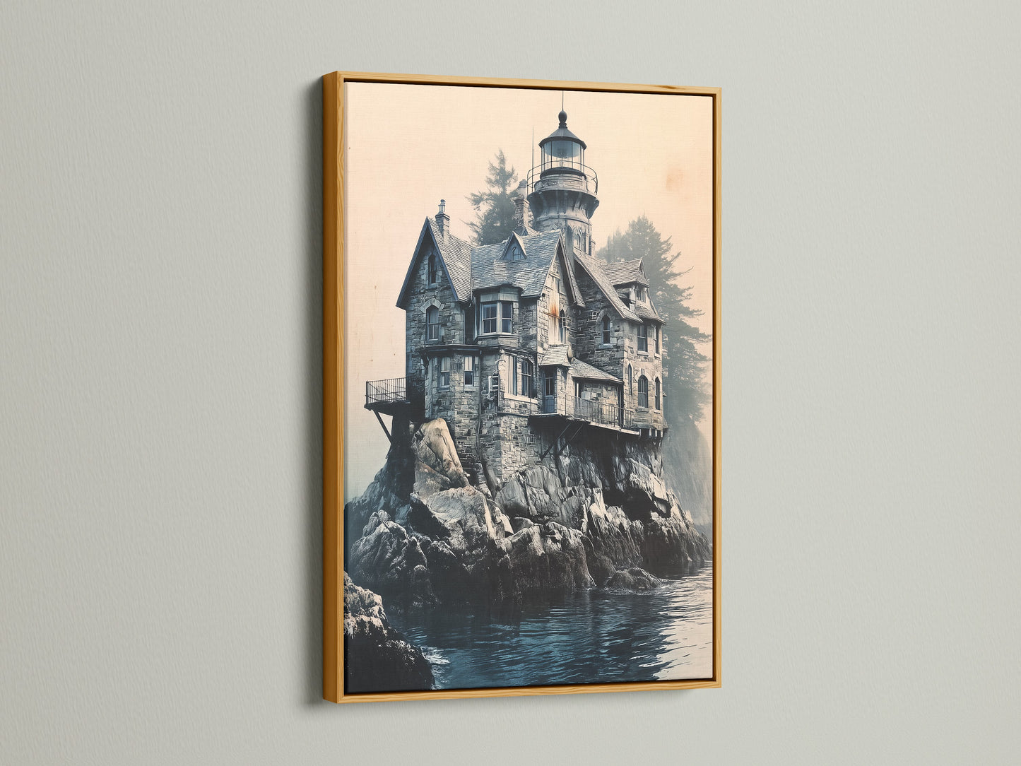 This Lighthouse Canvas Print is highlighted by a gold frame. The artwork features coastal architecture and a serene ocean view. The gold frame adds a touch of elegance. This piece is perfect for creating a sophisticated atmosphere.