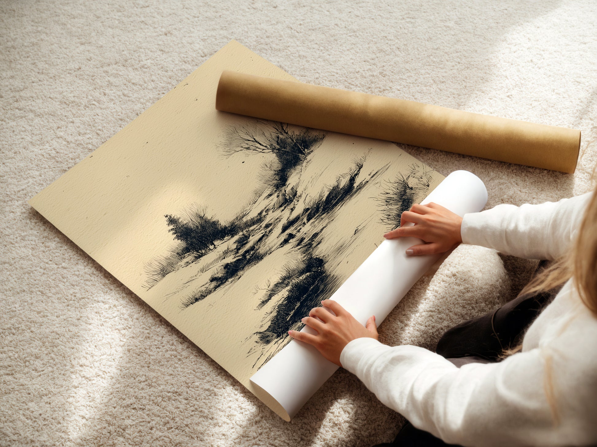 A woman carefully rolls a fine art poster paper. The paper is being prepared for framing. Fine art poster paper enhances artwork. Protect your art with quality paper. Get your art ready to display now. Professional paper is important.