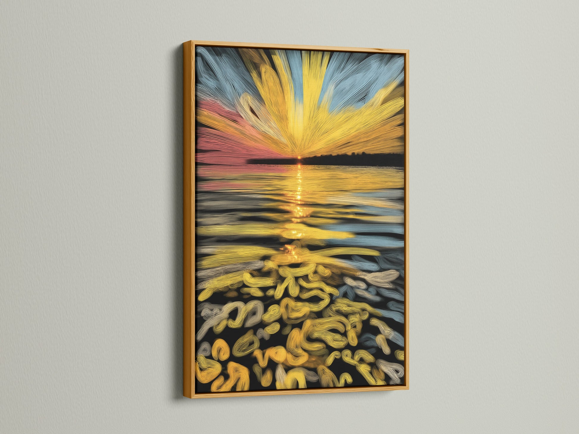 This image features an abstract sunset canvas artwork in a luxurious gold frame. The golden ocean wave art brings warmth and sophistication. It is ideal for living rooms bedrooms and housewarming gifts. Enhance your home with this elegant wall decor.