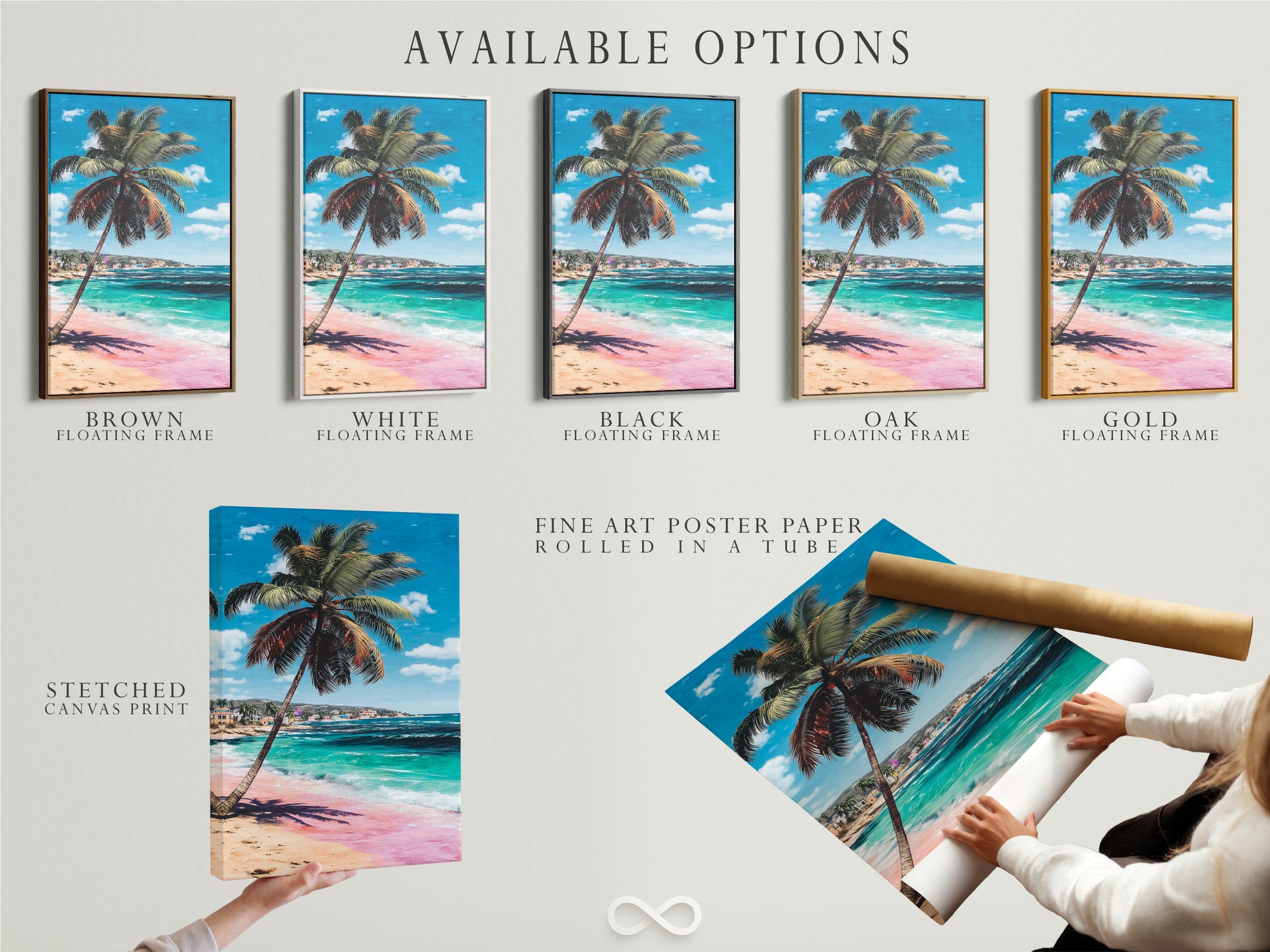 Available options for tropical beach artwork are displayed. Choose between stretched canvas print fine art poster paper or a floating frame. Personalize your coastal artwork with a palm tree and turquoise ocean scene.