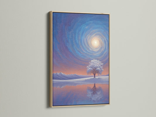 This oak frame enhances a serene landscape art piece. The natural wood grain complements the tranquil scene. It features a reflective lake and winter tree. The artwork adds warmth and sophistication to any room. Perfect for adding a touch of nature to your home decor.