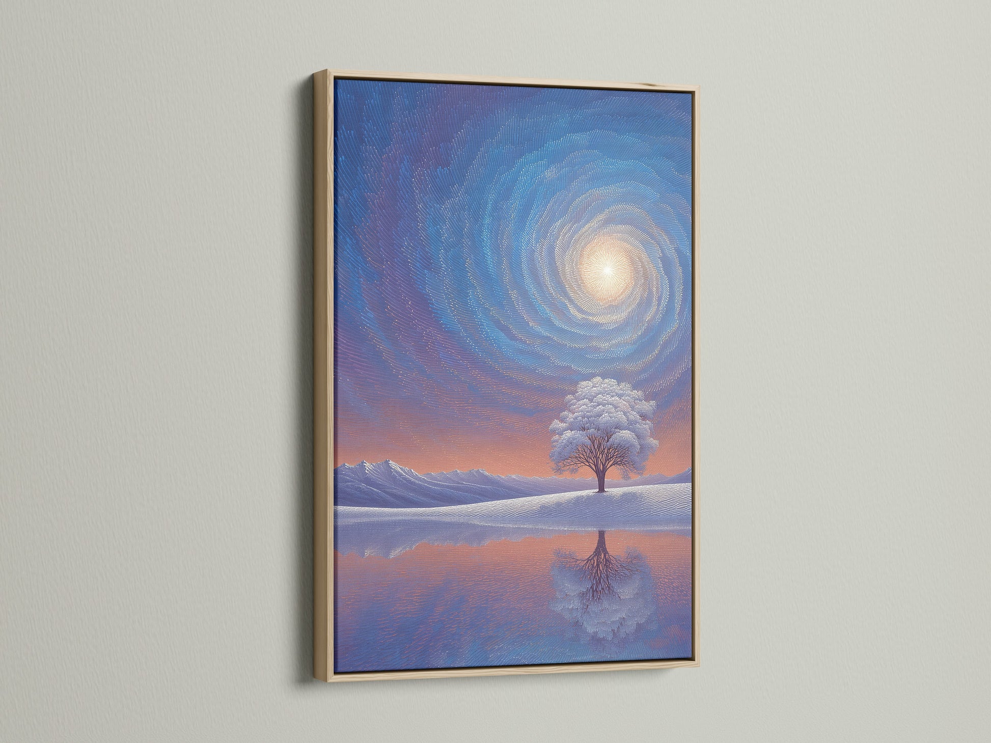 This oak frame enhances a serene landscape art piece. The natural wood grain complements the tranquil scene. It features a reflective lake and winter tree. The artwork adds warmth and sophistication to any room. Perfect for adding a touch of nature to your home decor.