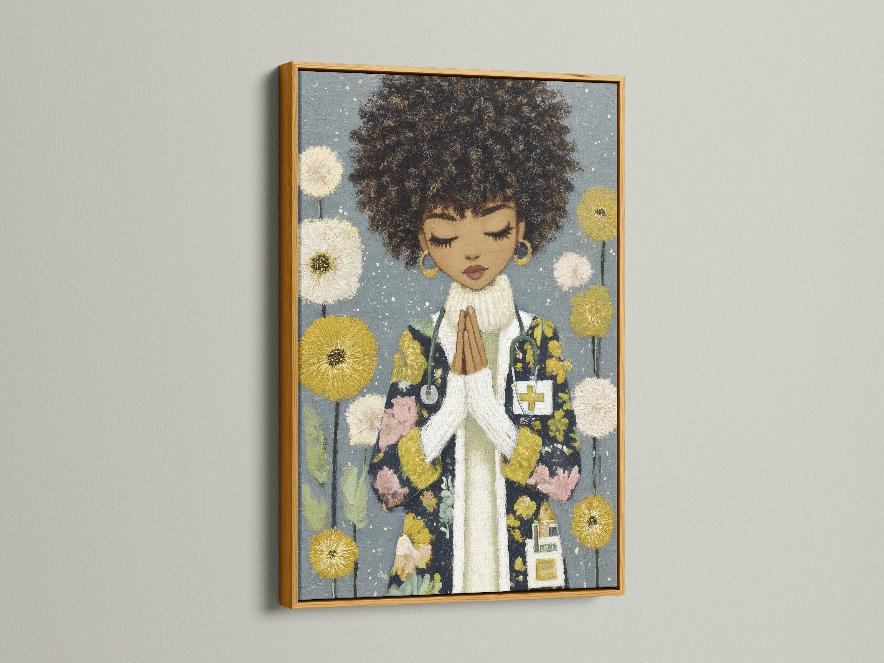 African American Spiritual Artwork in a gold frame. The Black Girl Prayer Art Print creates an elevated aesthetic. It is suitable for eclectic styles. This prayer wall art brings a sense of peace and inspiration.