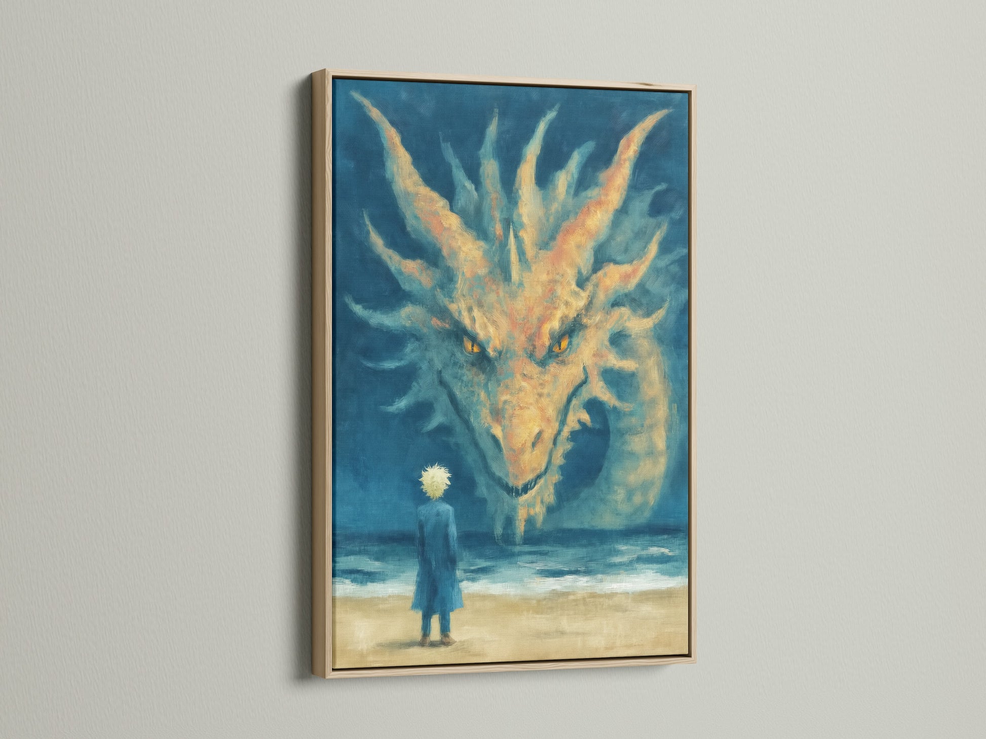 A dragon fantasy art print is showcased in an oak frame. This mystical canvas art brings a touch of the surreal to your wall decor. The artwork depicts a figure facing a large blue dragon by the ocean. Ideal for coastal or eclectic style living spaces.