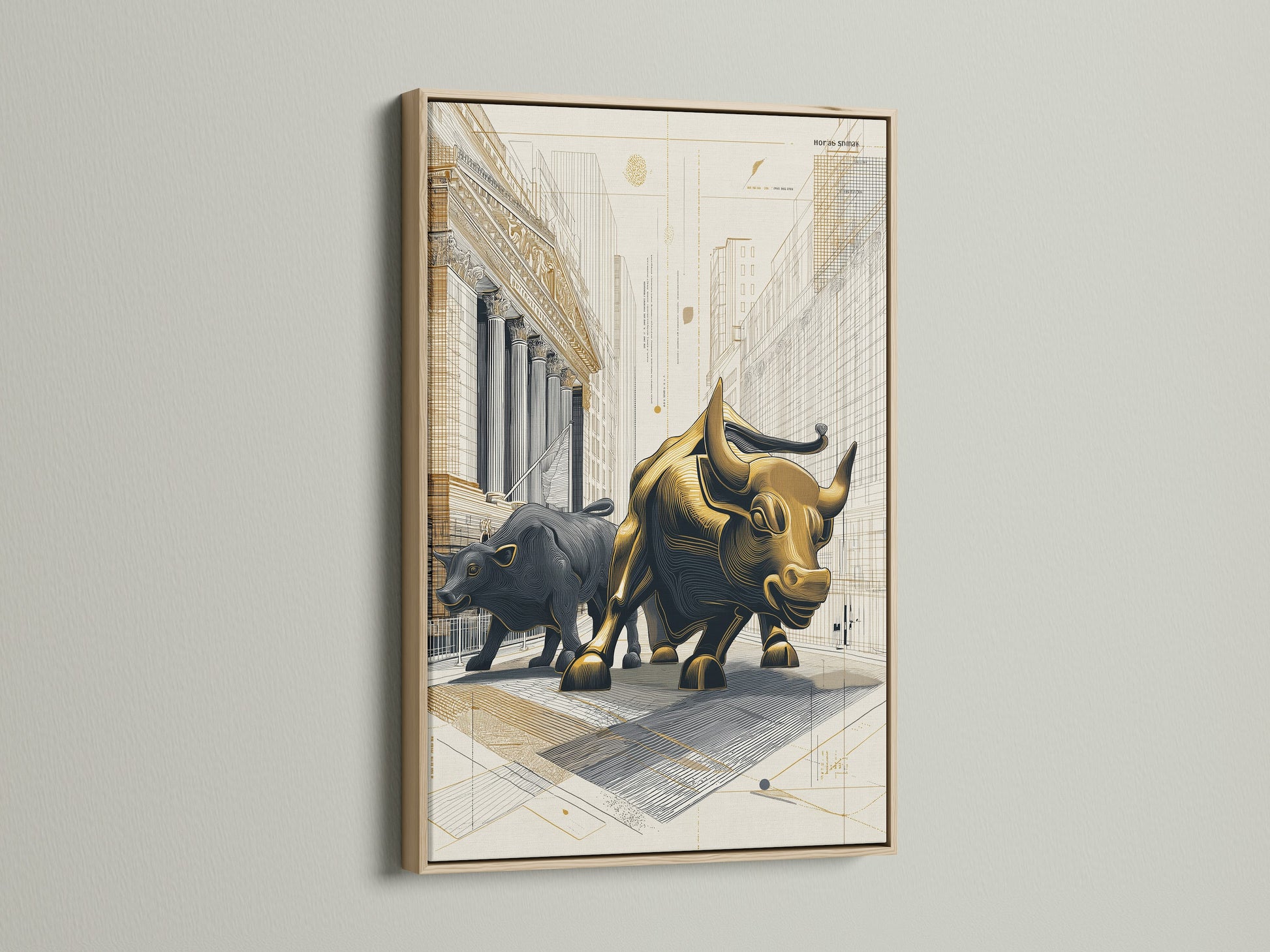 Artwork featuring a bull statue in an oak frame. The oak frame adds a touch of natural elegance. Perfect for enhancing the artwork's appeal. Discover how an oak frame elevates this piece.