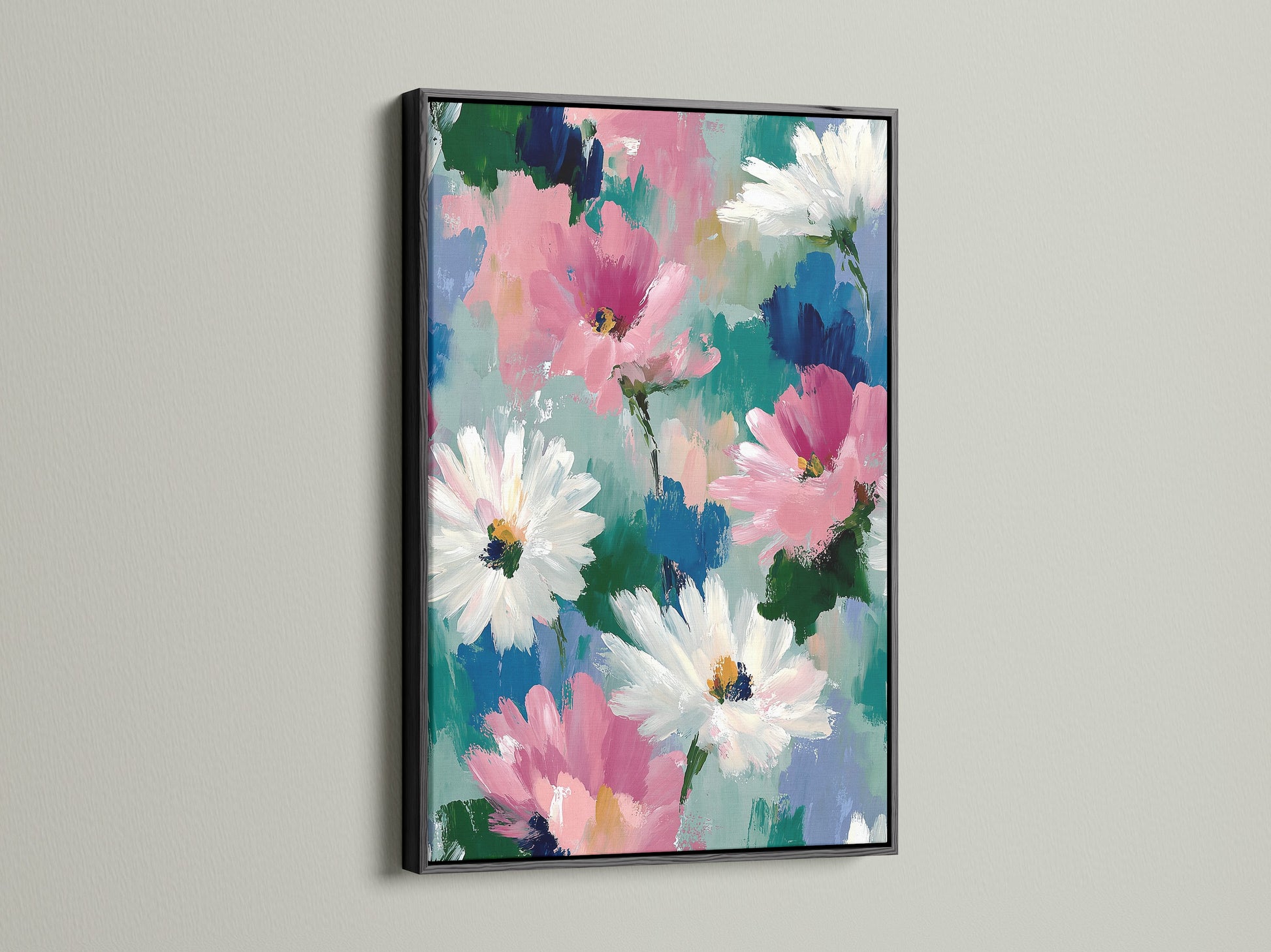 Add sophistication to your artwork with a sleek black frame. This abstract floral art features pink and white daisies. The botanical canvas print offers a contemporary touch. Ideal for those seeking elegant living room wall art or office wall art.