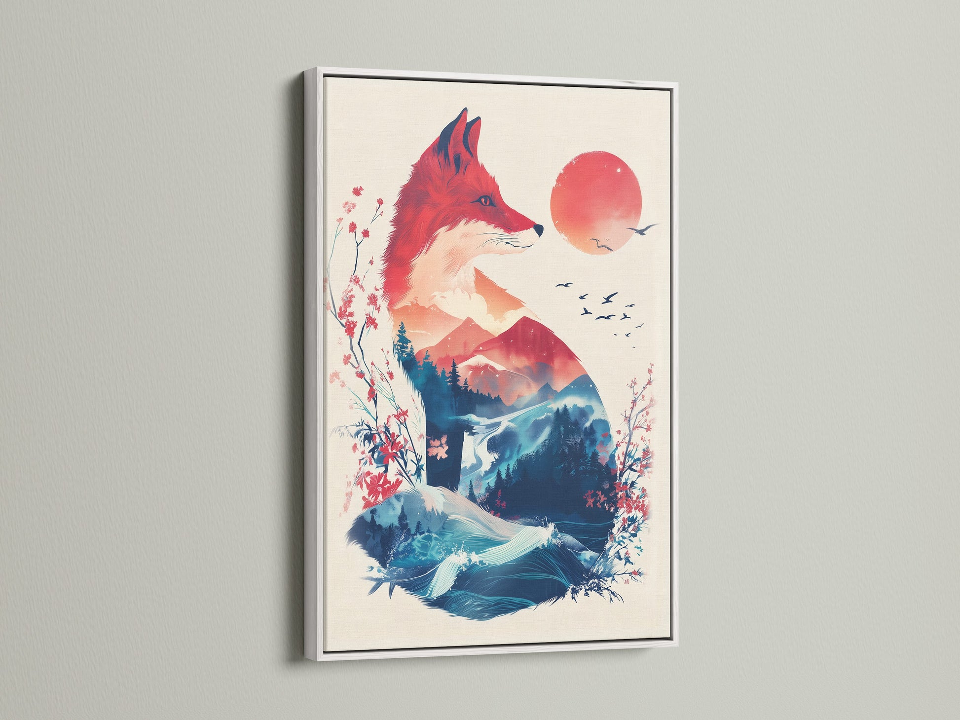 A fox artwork with nature elements is displayed in a white frame. The art features a fox silhouette filled with mountains. The artwork offers a modern touch. It can enhance any room's aesthetic. It serves as a unique focal point for home decor.