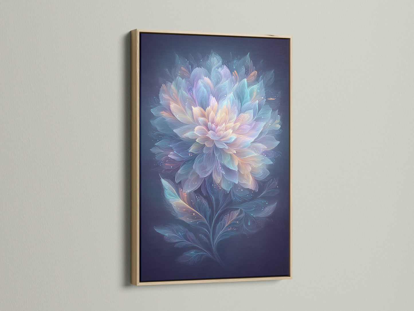 An ethereal flower artwork is displayed in an oak frame. The artwork features pastel blue and pink hues. Perfect dreamy botanical artwork for your bedroom decor. Elevate your living space with this soft floral print.