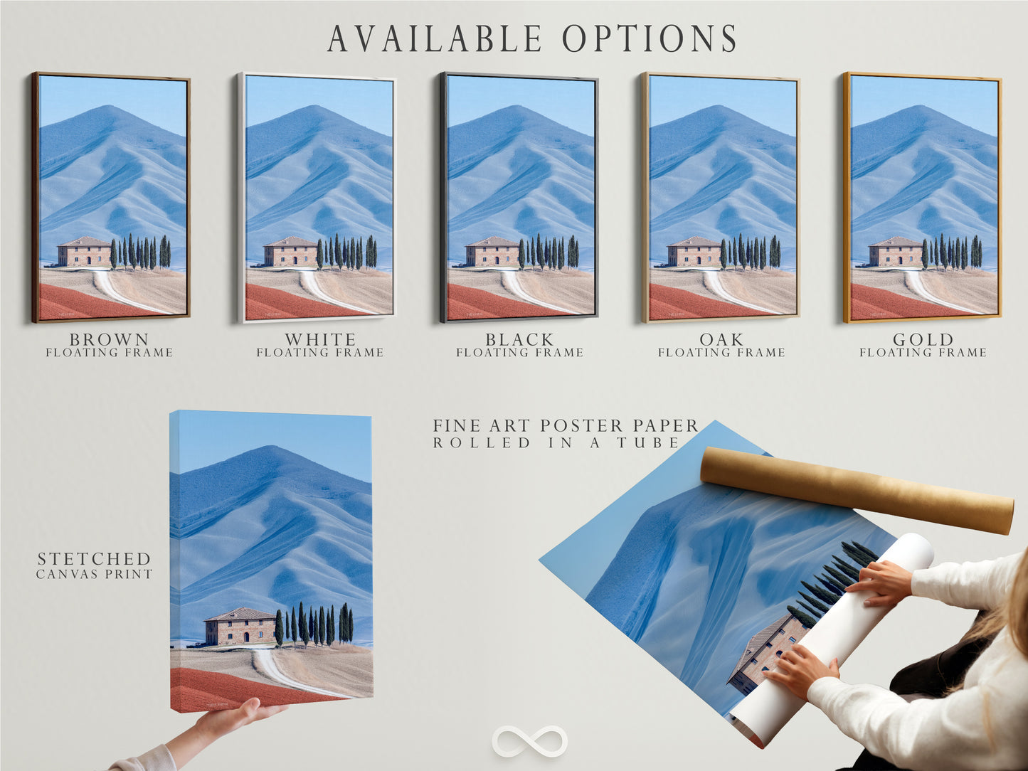 Available options for Tuscany landscape artwork. Choose from a stretched canvas print fine art poster paper or floating frame. This Italian countryside art suits various styles. Perfect for adding farmhouse scenery to your home decor choose the perfect fit for your space