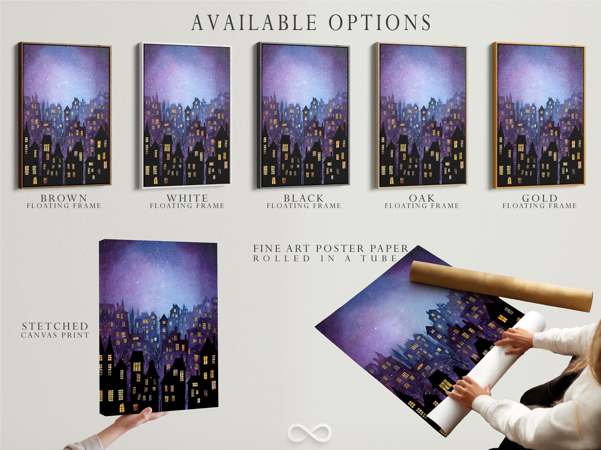 Available options are showcased. Stretched canvas print is shown. Fine art poster paper is presented. A floating frame option is displayed. Choose the perfect format to display your favorite artwork. We offer a variety of options to suit your style. Each option enhances the artwork. It will bring beauty to your space.