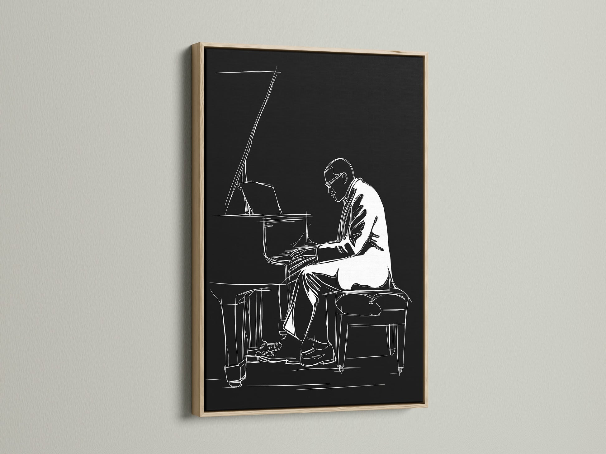 Black and White Jazz Piano Art in an oak frame. This minimalist musician wall art brings a touch of music to any room. The piano player print is perfect for music room decor. The oak frame enhances the contemporary artwork. A great piece for jazz art lovers.