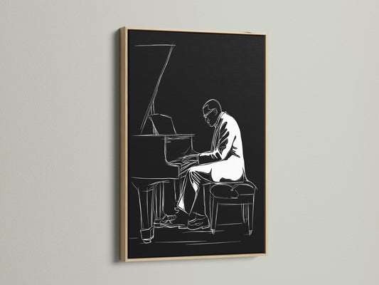 Black and White Jazz Piano Art in an oak frame. This minimalist musician wall art brings a touch of music to any room. The piano player print is perfect for music room decor. The oak frame enhances the contemporary artwork. A great piece for jazz art lovers.