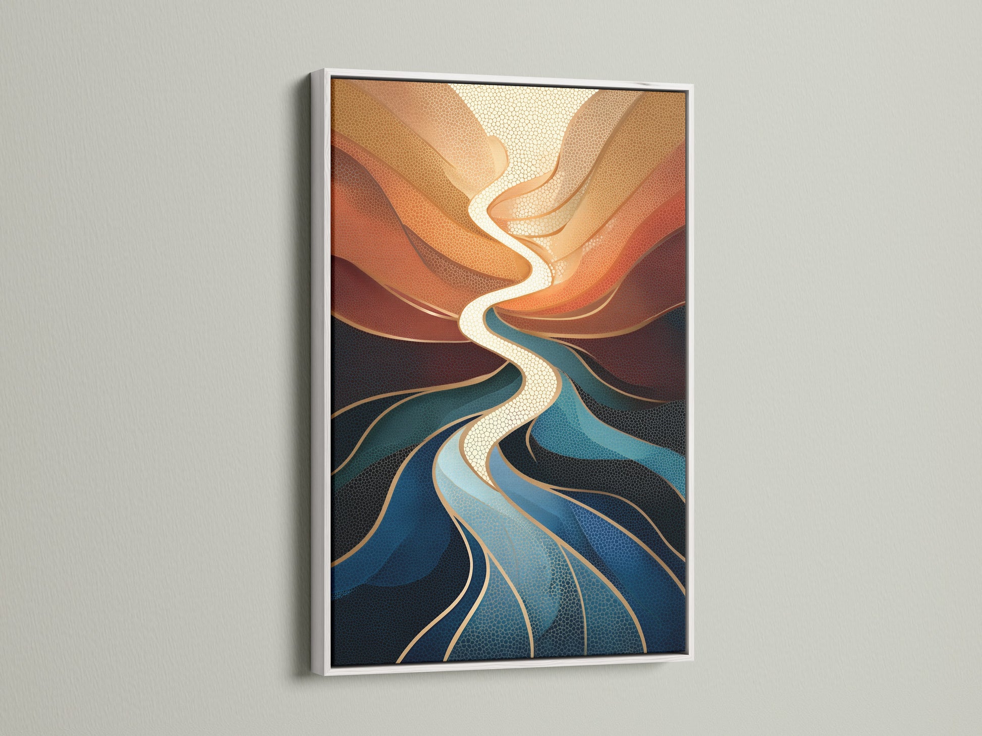 Abstract River Canvas Print in a white frame. The fluid art combines teal orange colors. This modern artwork brightens any room. A white frame offers a clean fresh look for this contemporary art piece.
