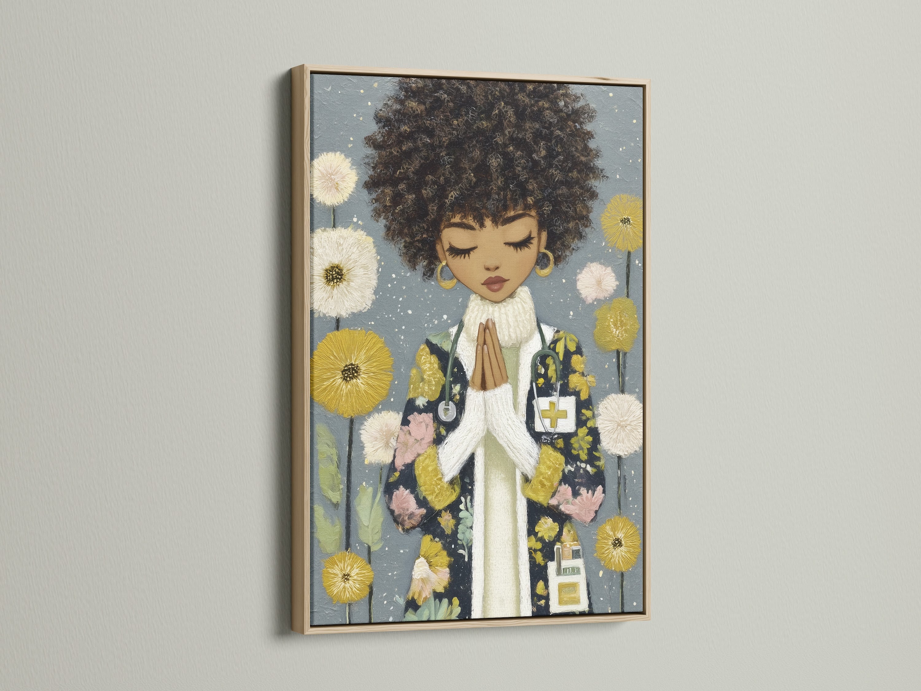 African American Spiritual Artwork in an oak frame. The Black Girl Prayer Art Print is a beautiful afrocentric print. It enhances any room with its cultural artwork. Consider this art for faith wall decor.