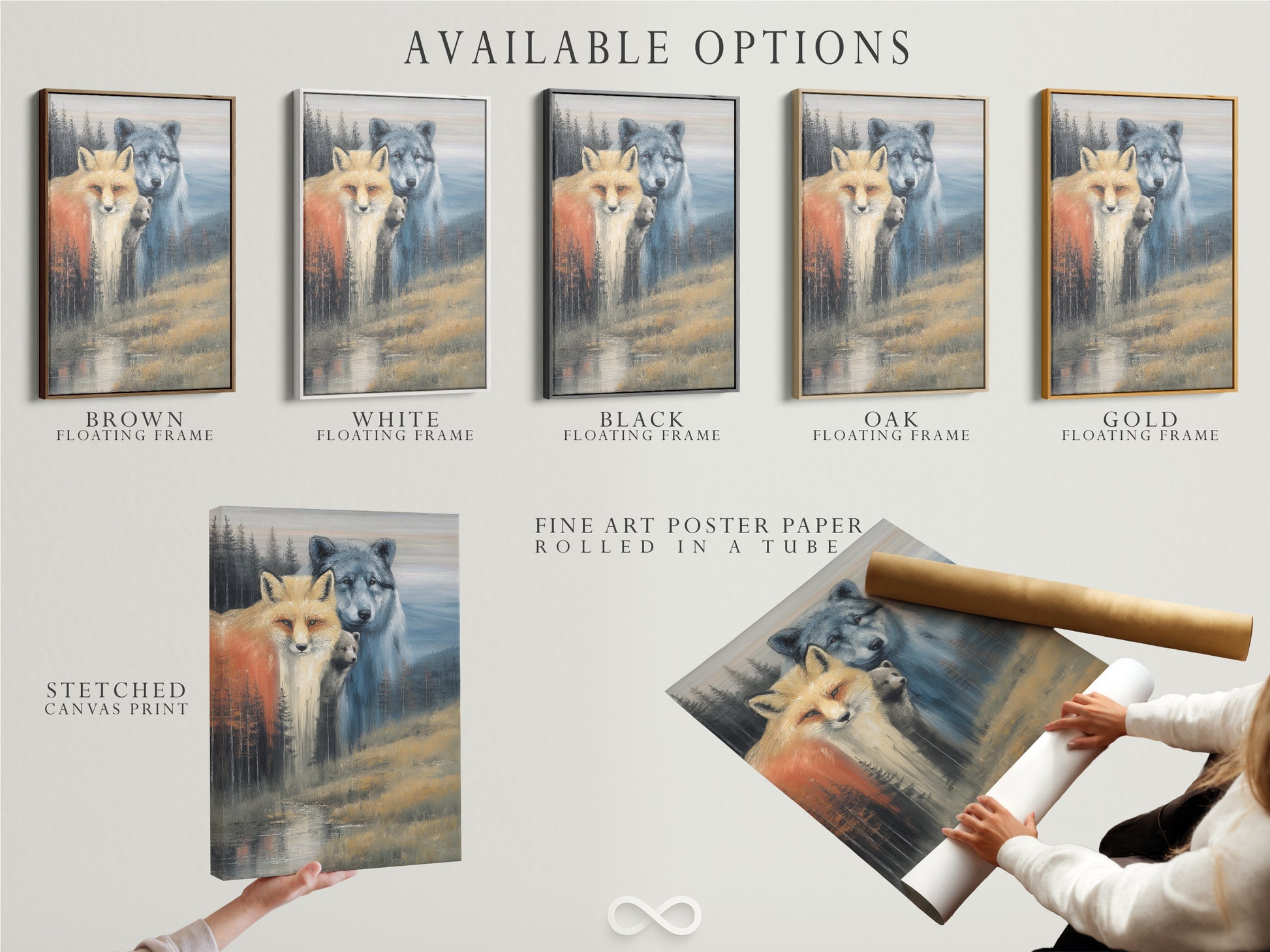 Explore available options for wildlife family artwork including stretched canvas prints fine art poster paper and floating frames. Choose your perfect fox wolf and bear art today.