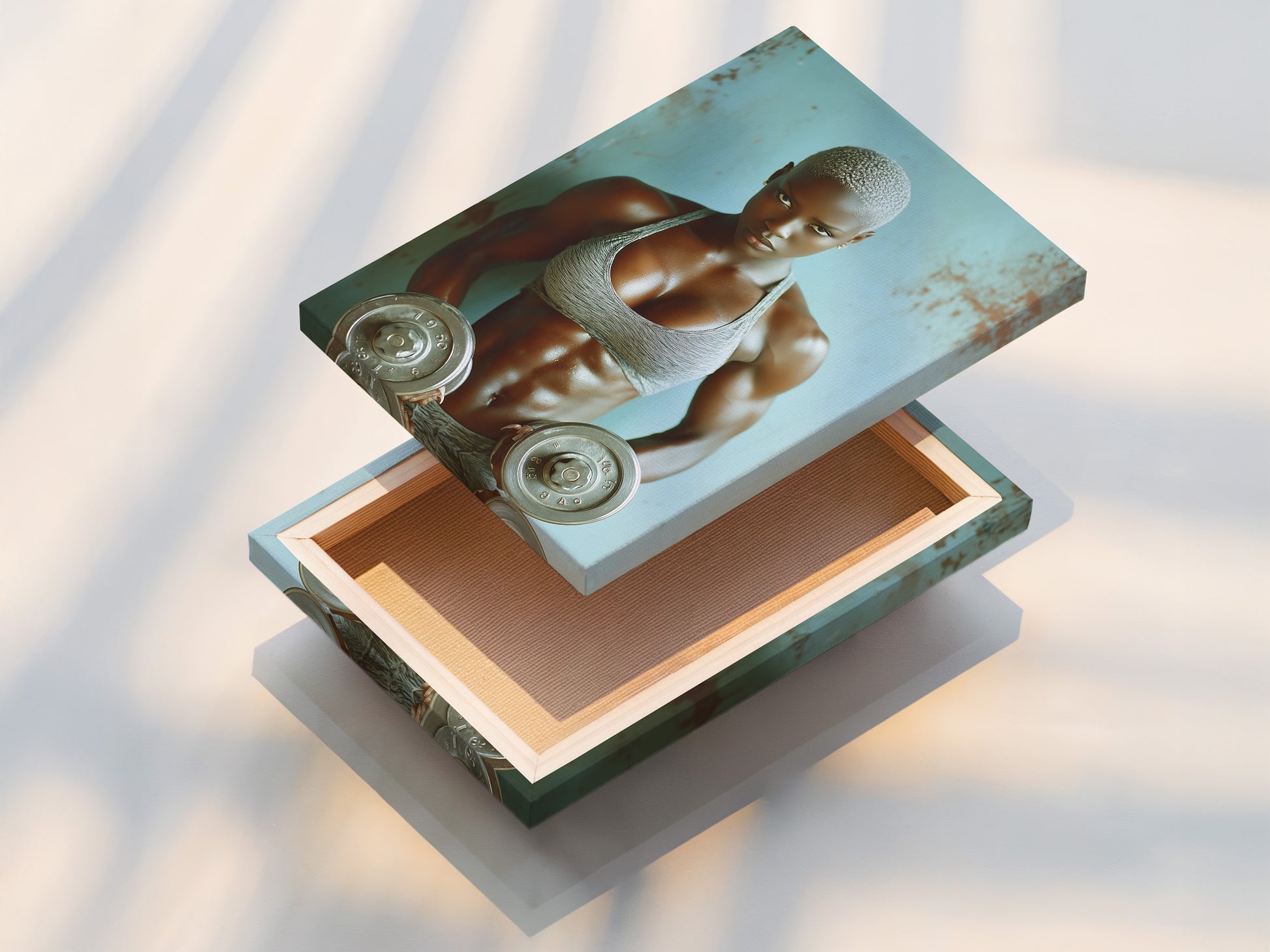 A stretched canvas print featuring strong woman fitness art. It will add gym motivation to your space. Ideal wall decor for a home gym or workout room. This weightlifting art is a contemporary style with grey and blue tones.