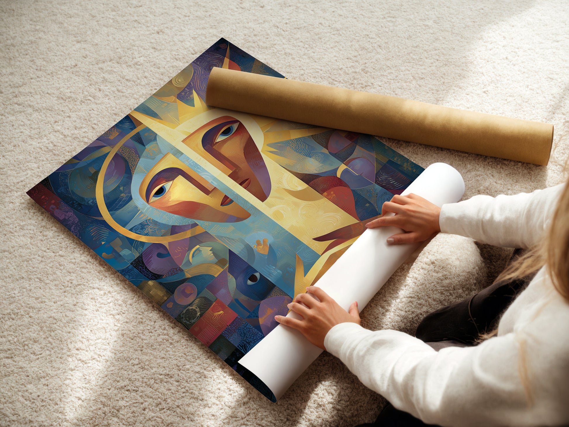 Watch a woman carefully roll fine art poster paper. This ensures a smooth crease-free surface. High-quality paper enhances the artwork's details. The poster paper is perfect for vibrant prints. Get ready to display your art with precision