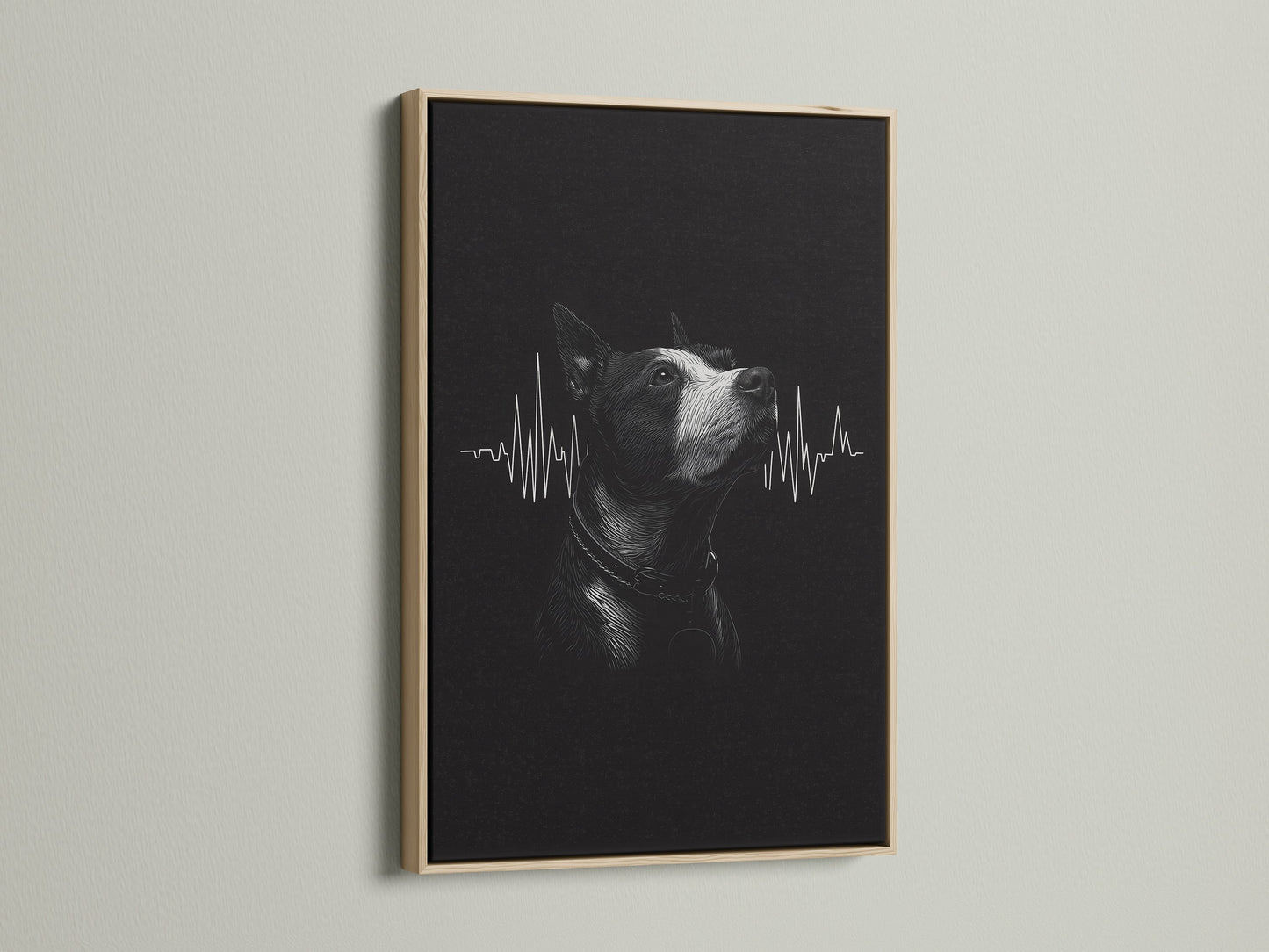 A close-up showcases a dog heartbeat art print in an oak frame. The artwork's modern style makes it suitable for a vet clinic or pet lover's home. This framed art offers a warm touch.