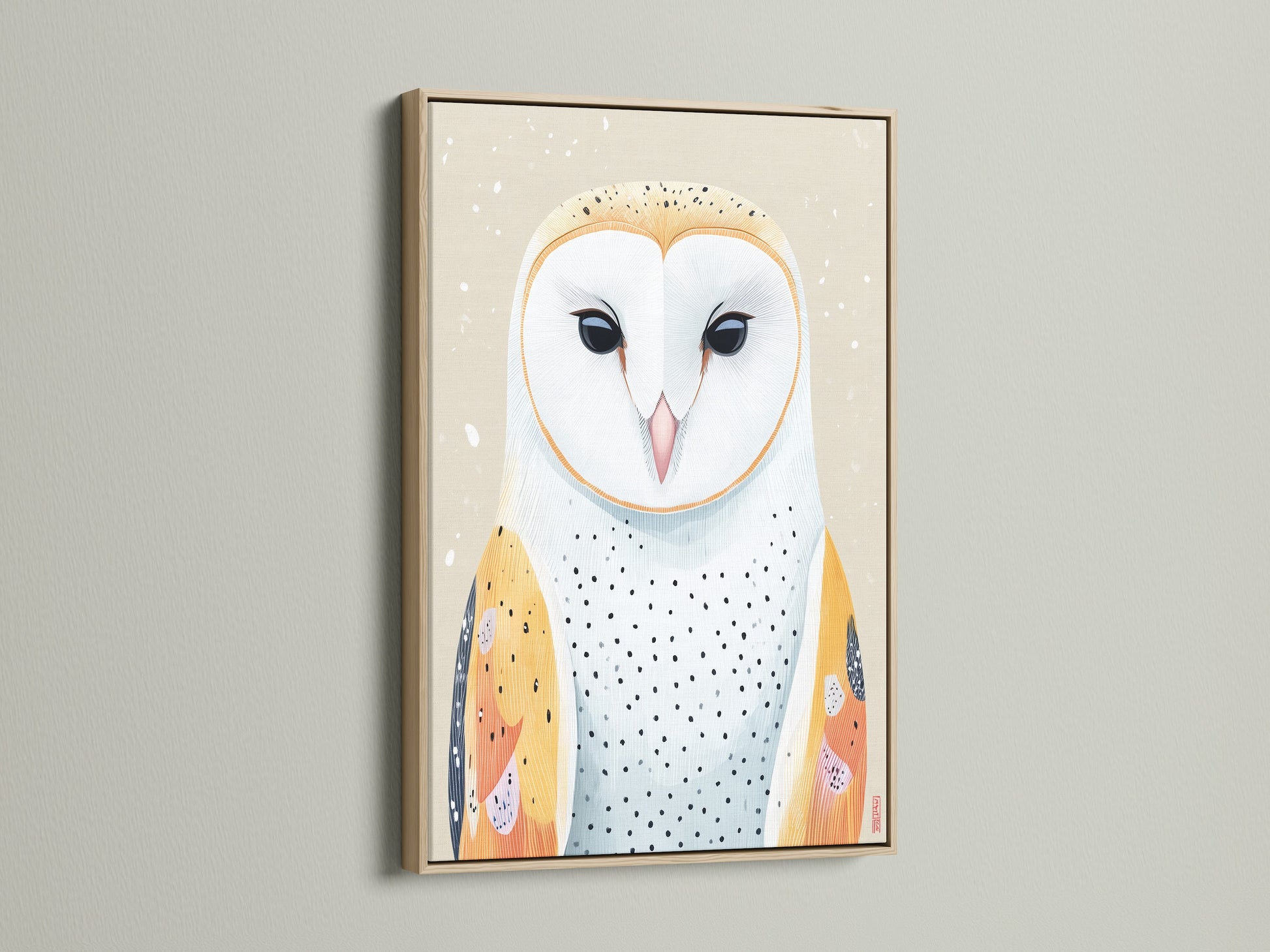 View the owl artwork in an oak frame. This bird canvas adds a touch of nature to any room. It enhances scandi decor beautifully. Ideal for animal print lovers seeking neutral tones in their owl artwork.
