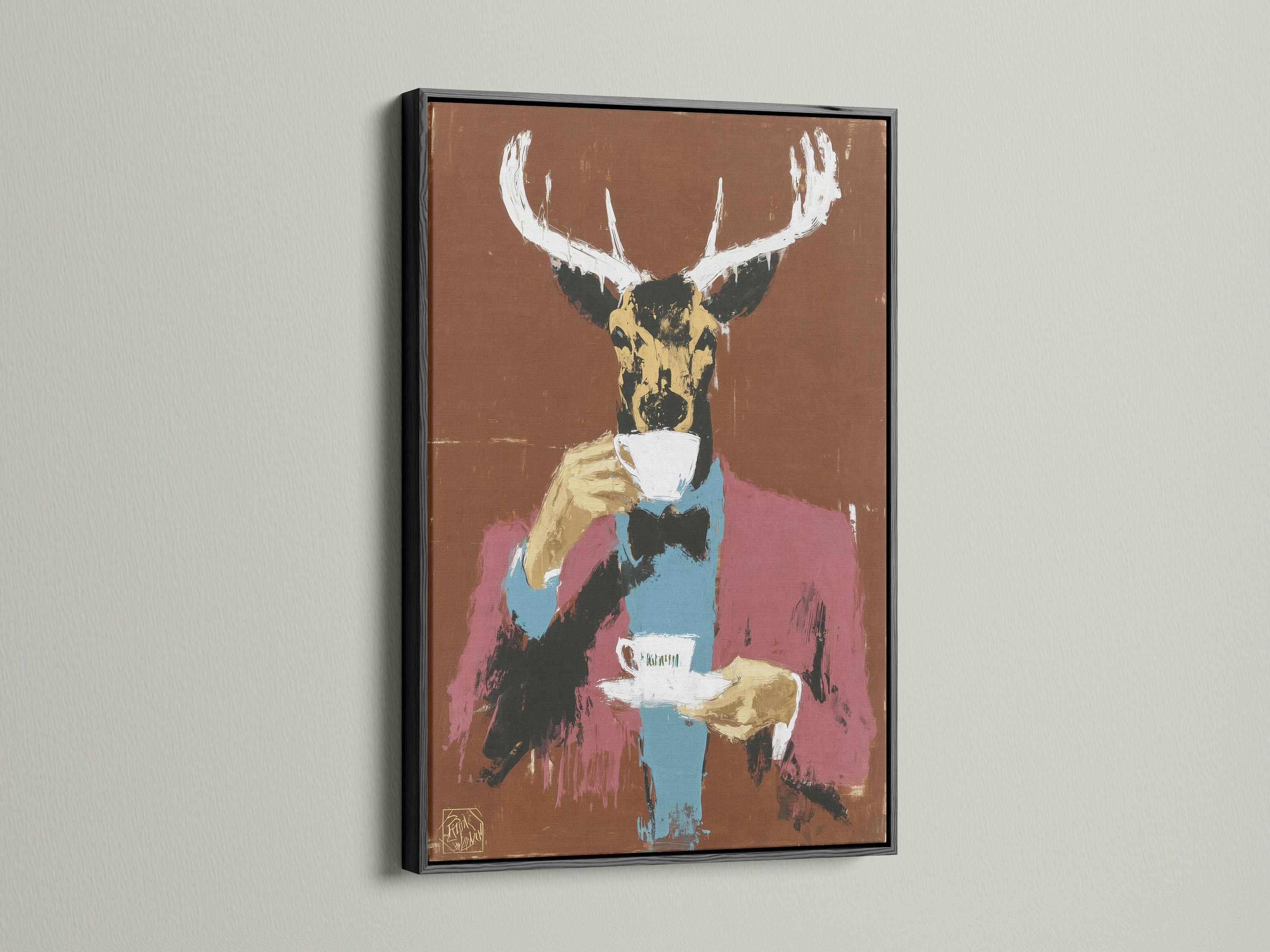 The black frame enhances the Deer Gentleman canvas art. Ideal for modern wall art in minimalist or industrial settings. This animal portrait art adds sophistication to your space. Discover the charm of this quirky wall decor. Perfect for those seeking unique wall art or a distinctive animal canvas print.